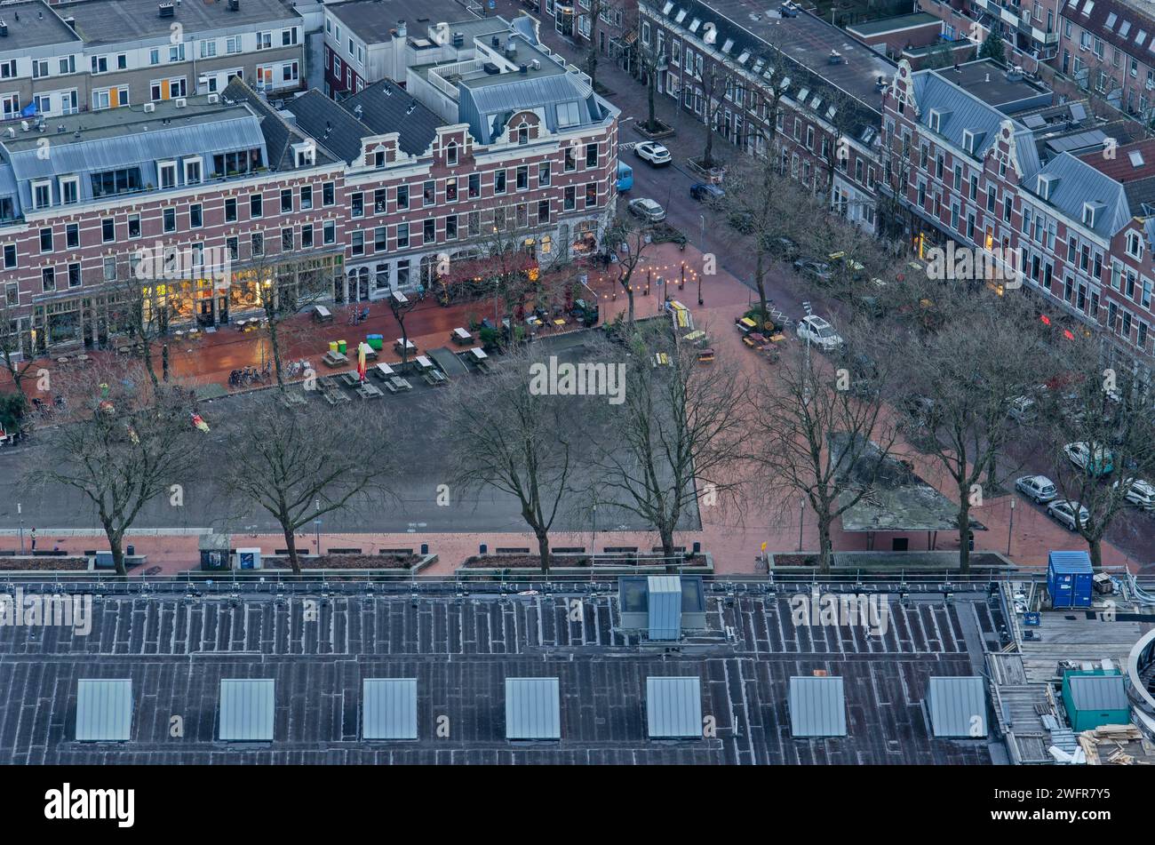 Rotterdam, The Netherlands, January 29, 2023: triangular Deliplein is the heart of the neighbourhood of Katendrecht Stock Photo