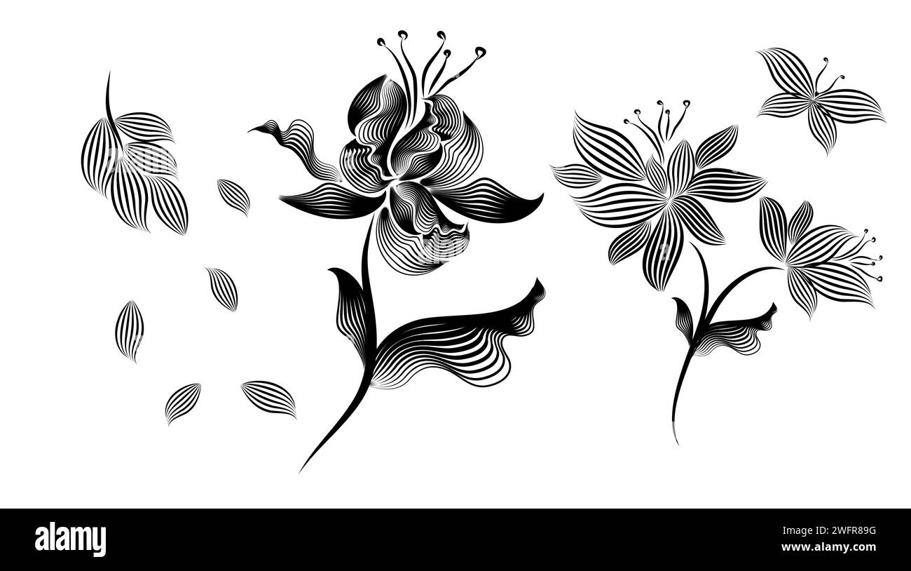 Set of black flowers from lines. hand drawn. Not AI . Vector ...