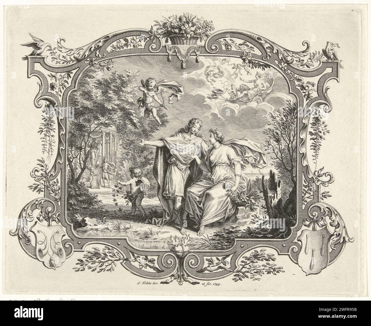 Love pair, Simon Fokke, 1749 print A love couple in antique clothing in the open air. A putto with arrow and bow flies above the pair. A second putto scatters petals. Venus is, surrounded by putti, pulled into the air in a shell by two pigeons. The show is framed with an ornamental edge where coats of arms are depicted in the left and right corner. Amsterdam paper etching lovers' meeting. cupids: 'amores', 'amoretti', 'putti'. (story of) Venus (Aphrodite) Stock Photo