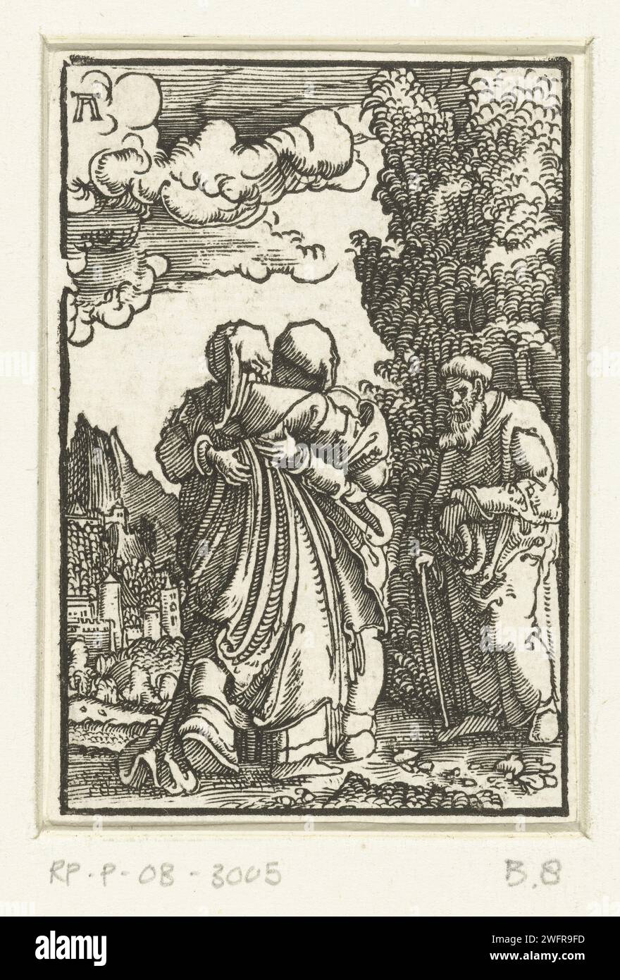 Visitation, Albrecht Altdorfer, c. 1506 - 1538 print Maria and Elisabeth embrace each other, Joseph watches. Eighth print from a series of forty. Germany paper  Visitation (possibly Joseph and/or Zacharias present) (Luke 1:39-56) Stock Photo