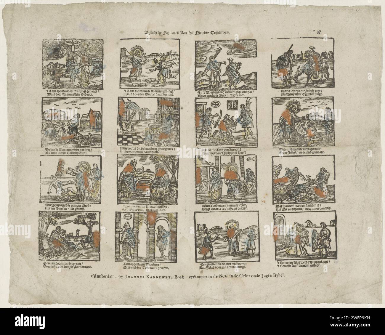 Bybelsche Figures of the New Testament, 1725 - 1780 print Leaf with 16 performances of stories from the New Testament, such as the flight to Egypt, Christ and the Samaritan woman in the well and the wonderful fishing. Under each performance a two -way verse. Numbered at the top right: *37. publisher: Amsterdamprint maker: Netherlands paper letterpress printing New Testament. the miraculous draught of fishes (before the Resurrection) on the Lake of Gennesaret (Sea of Galilee); James and John helping to bring in the nets (Luke 5:1-11). the flight into Egypt: Mary, Joseph, the child (and sometime Stock Photo