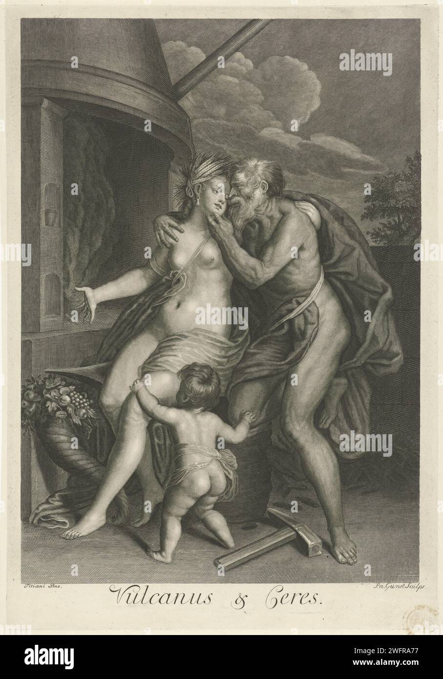 Vulcanus and Ceres, Pieter van Gunst, After Titian, 1659 - 1731 print Ceres is in front of the fire of the blacksmith. Vulcanus kisses hair. In the foreground cupido and the horn of abundance. Amsterdam paper engraving love-affairs of Vulcan. love-affairs of Ceres. (story of) Cupid, Amor (Eros) Stock Photo