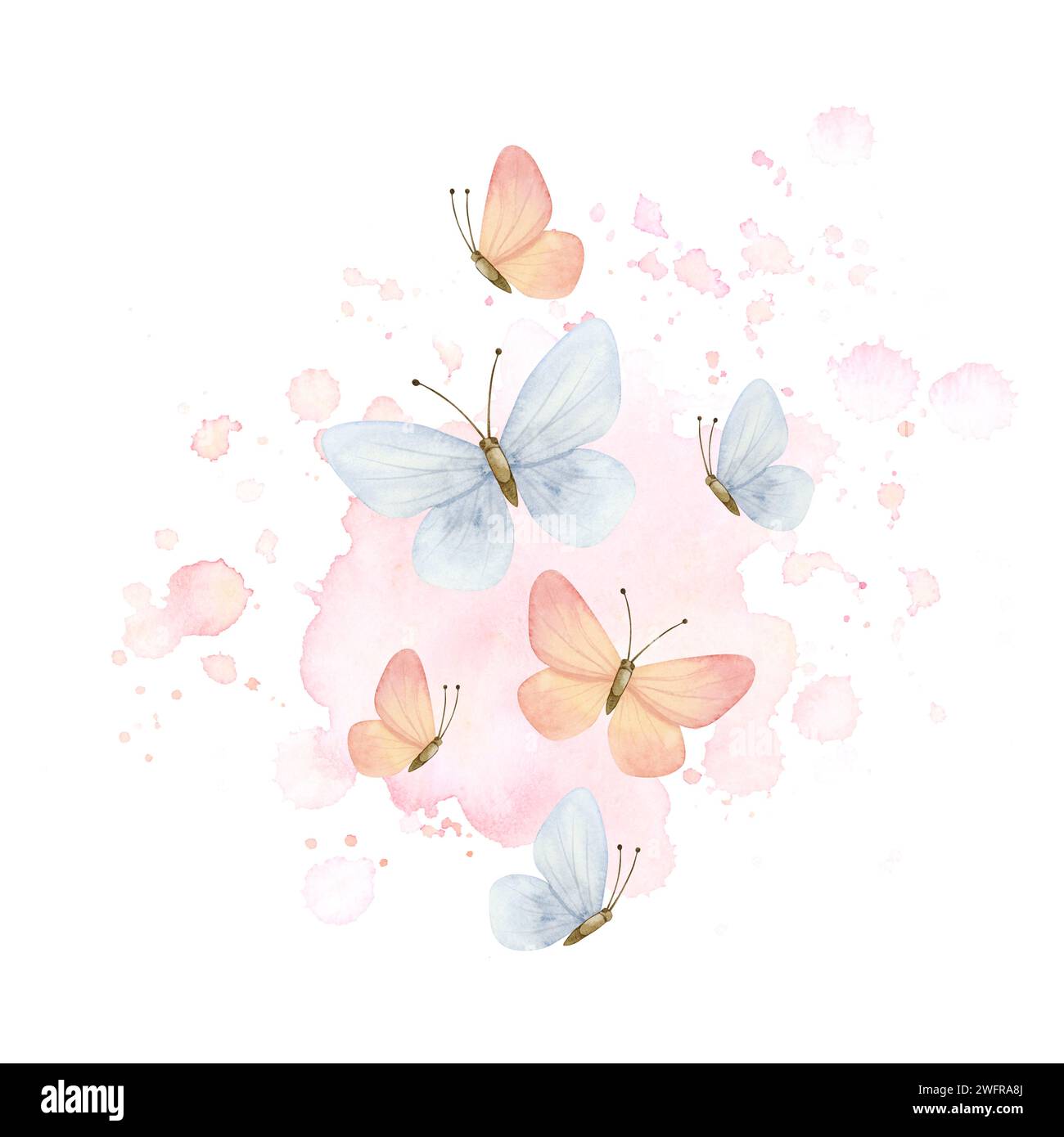 Flying butterflies on watercolor splashes in pastel pink and blue