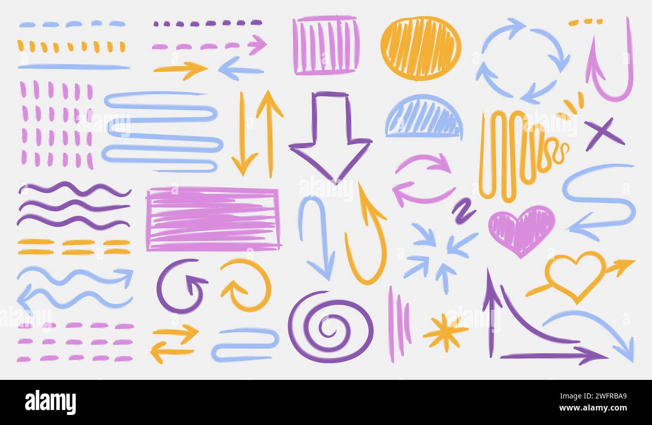 Multicolored highlight brush strokes and underlines. isolated elements. Stock Vector