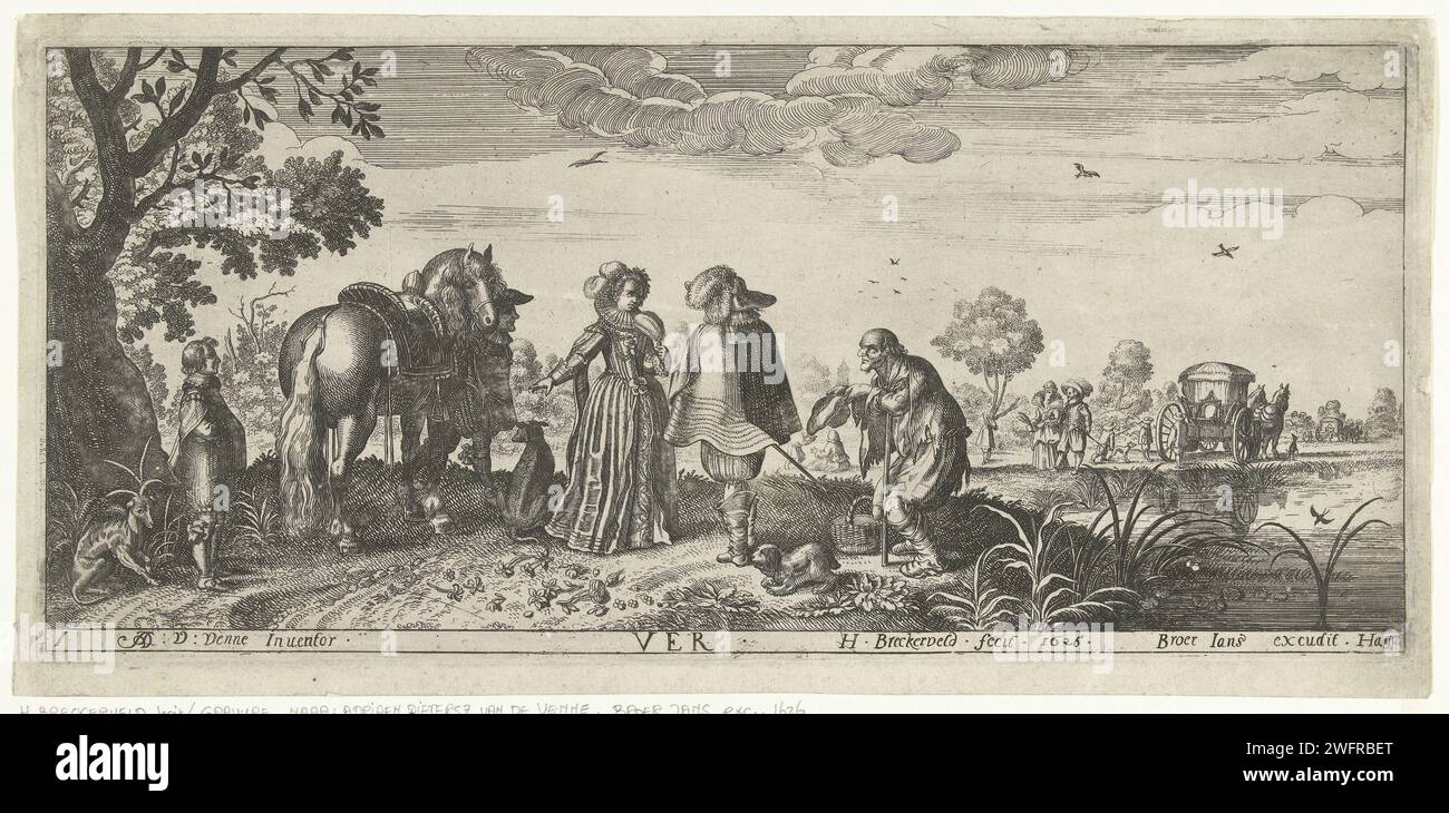 Spring, 1626 print An elegant dressed pair stands with a horse that is ...