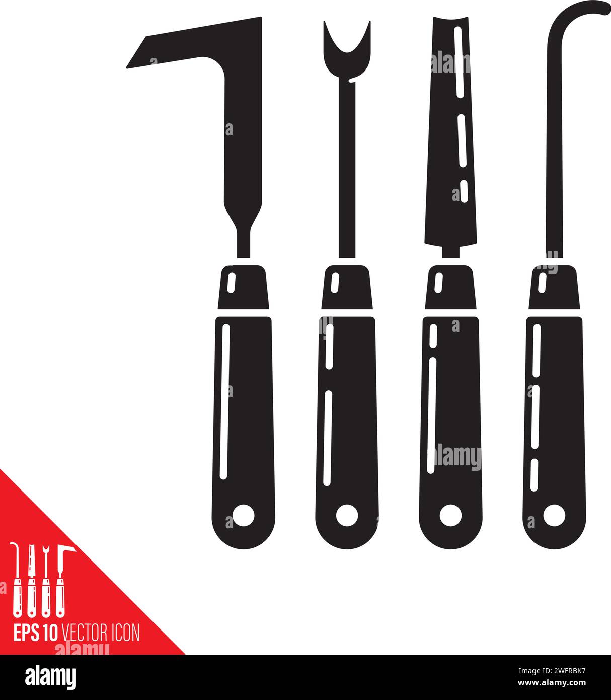 Weeding tools assortment vector glyph icon Stock Vector