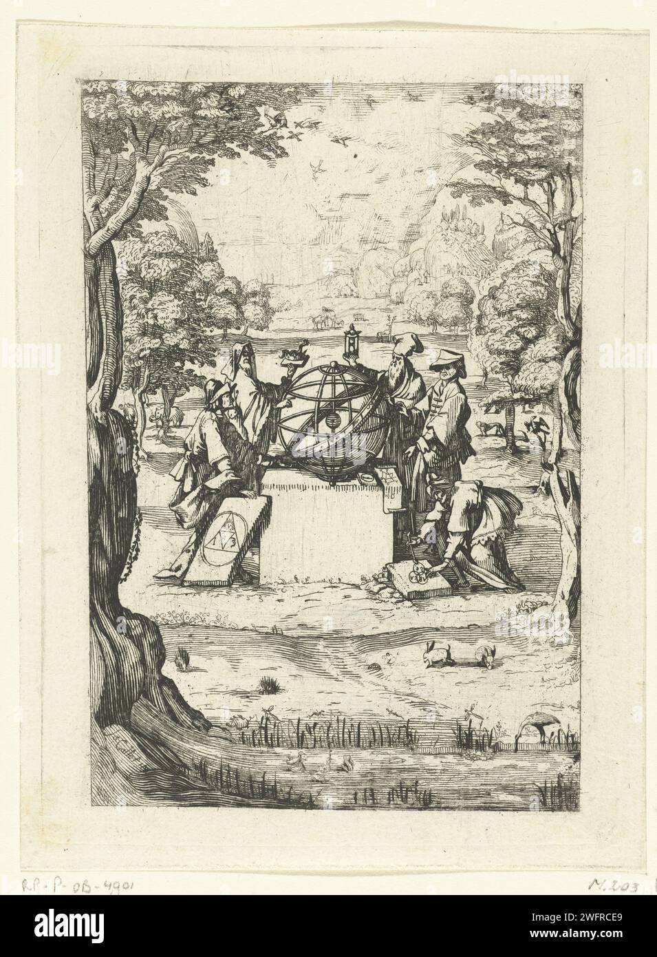 Title page with Wise A Hemeline, Anonymous, After Jacques Callot, 1630 - 1670 print In a paradisiacal environment there are five gentlemen around an open sky globe, which is placed on a pedestal. They each represent a way to explain creation. For example, the man with the hourglass on which a flame burns for the explanation from the eternal fire. The man with the book on which a crown lies from which a snake emerges stands for the astrological or alchemical way of explaining. The other three represent the statement with the help of figures (left front), the kabbalistic explanation (front right Stock Photo