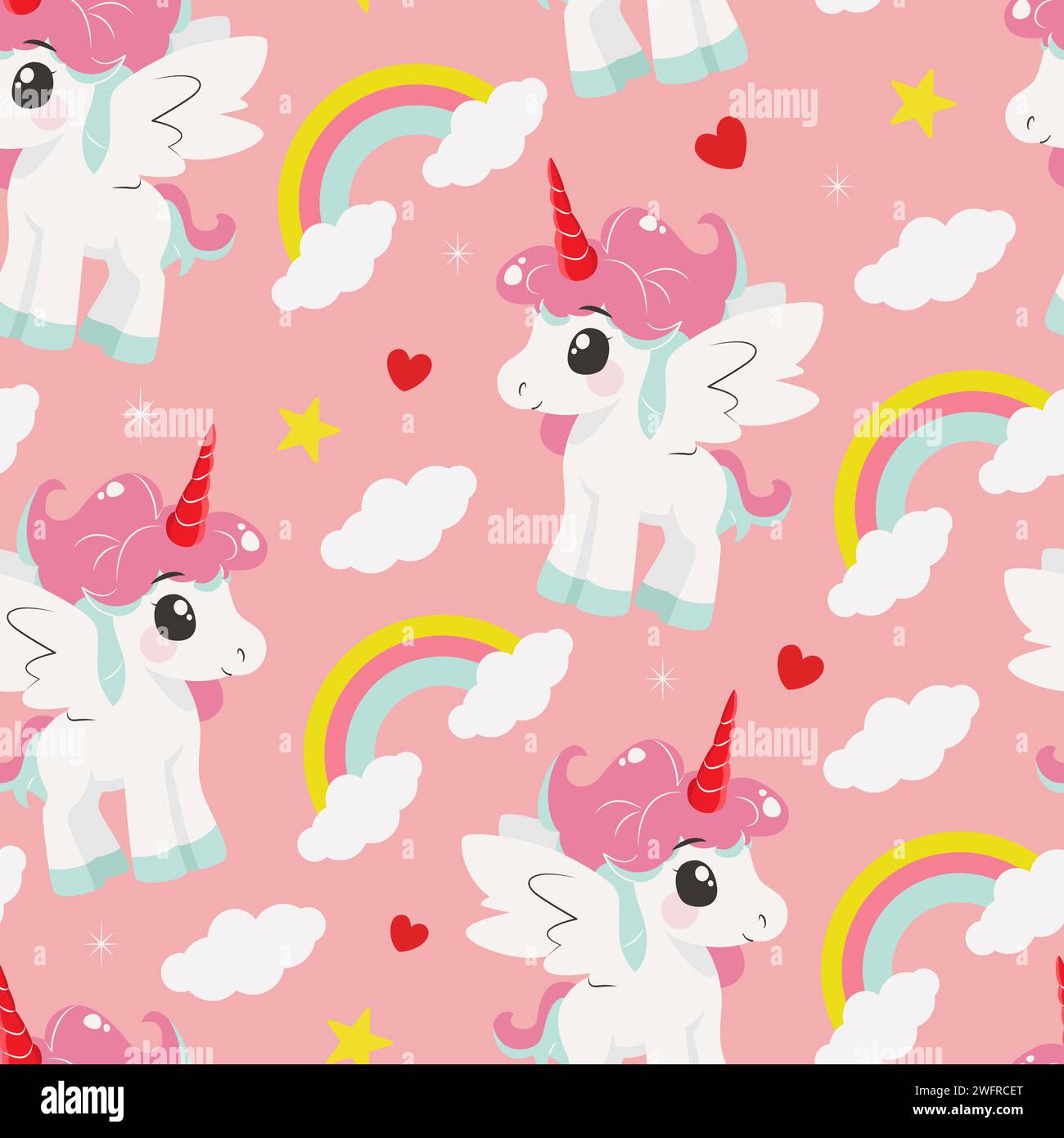 Seamless pattern with unicorns, rainbow, clouds. Stock Vector