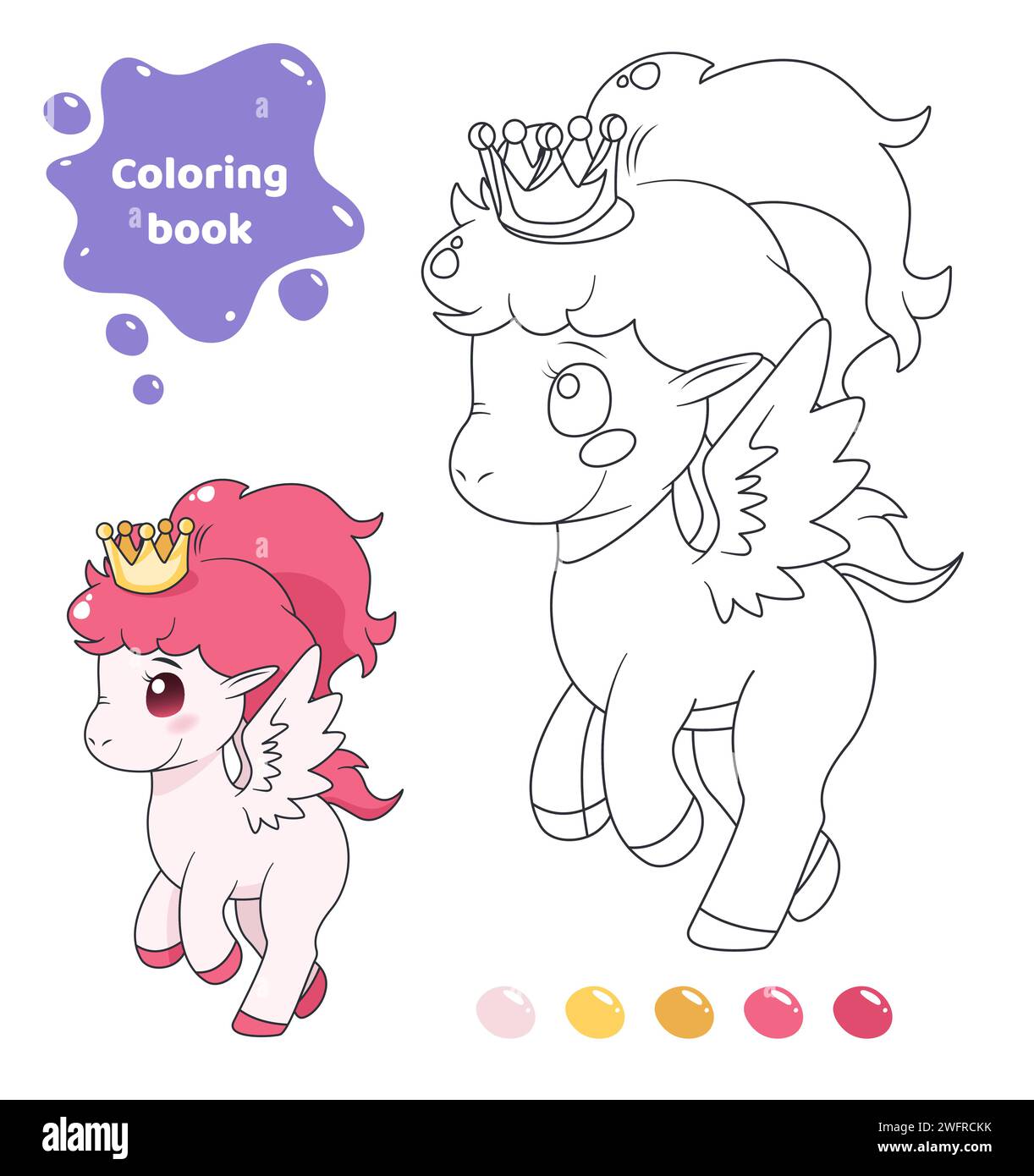 Coloring book for kids. Cute pony with crown. Stock Vector