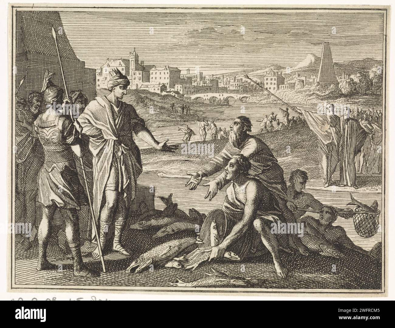 Aaron turns the water of the river into blood, Caspar Luyken, 1712 print Amsterdam paper etching the plague of water turned into blood: as Pharaoh goes down to the Nile, Aaron strikes the surface of the river with his rod; the water turns into blood and all the fishes die Stock Photo