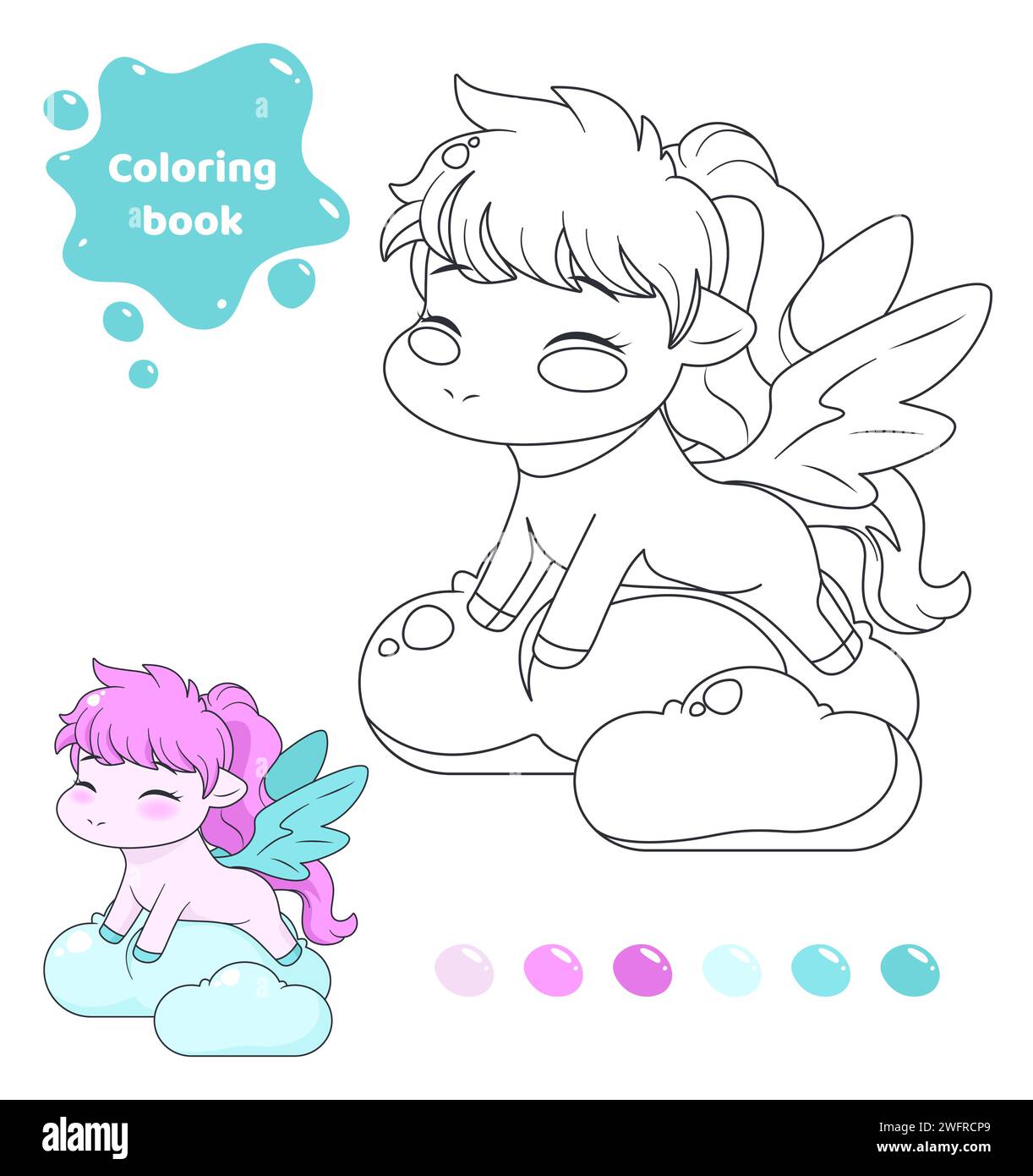 Coloring book for kids. Cute pony with wings. Stock Vector