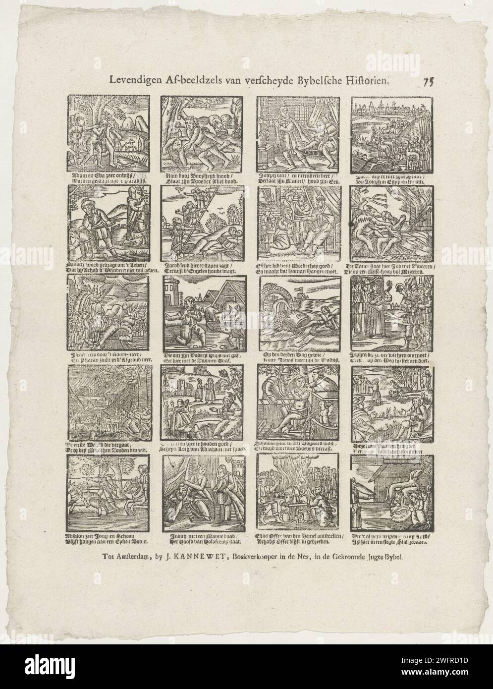 LIVEIGN AFBIETSES OF VERSHYDE Bybelsche Historien, 1725 - 1780 print Leaf with 20 performances of stories from the Old Testament, including Adam and Eva that are driven out of paradise and Jonah that is thrown on dry land. Under each image a two -way verse. Numbered at the top right: 75. publisher: Amsterdamprint maker: Netherlands paper letterpress printing Old Testament Stock Photo