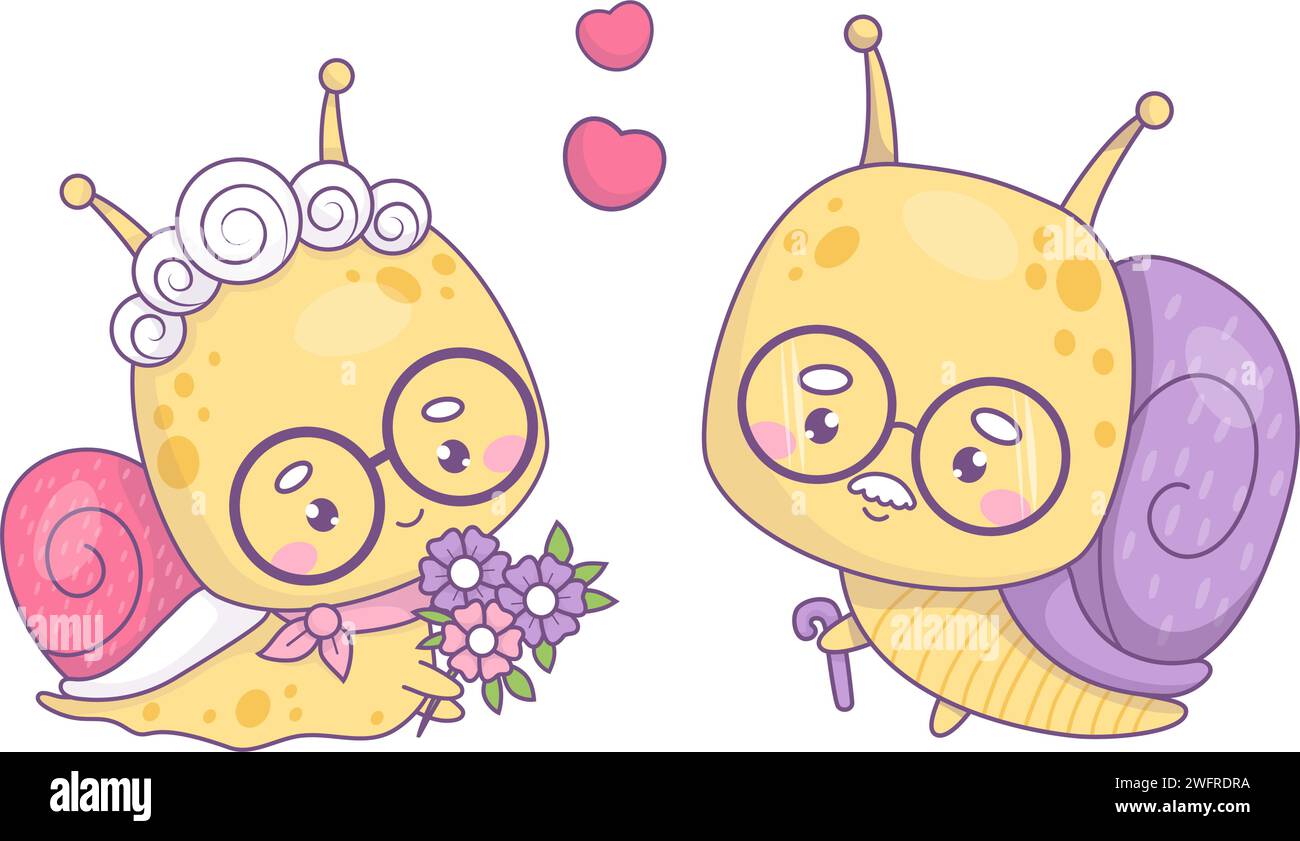 Cute enamored couple of elderly snails. Funny grandparents insects
