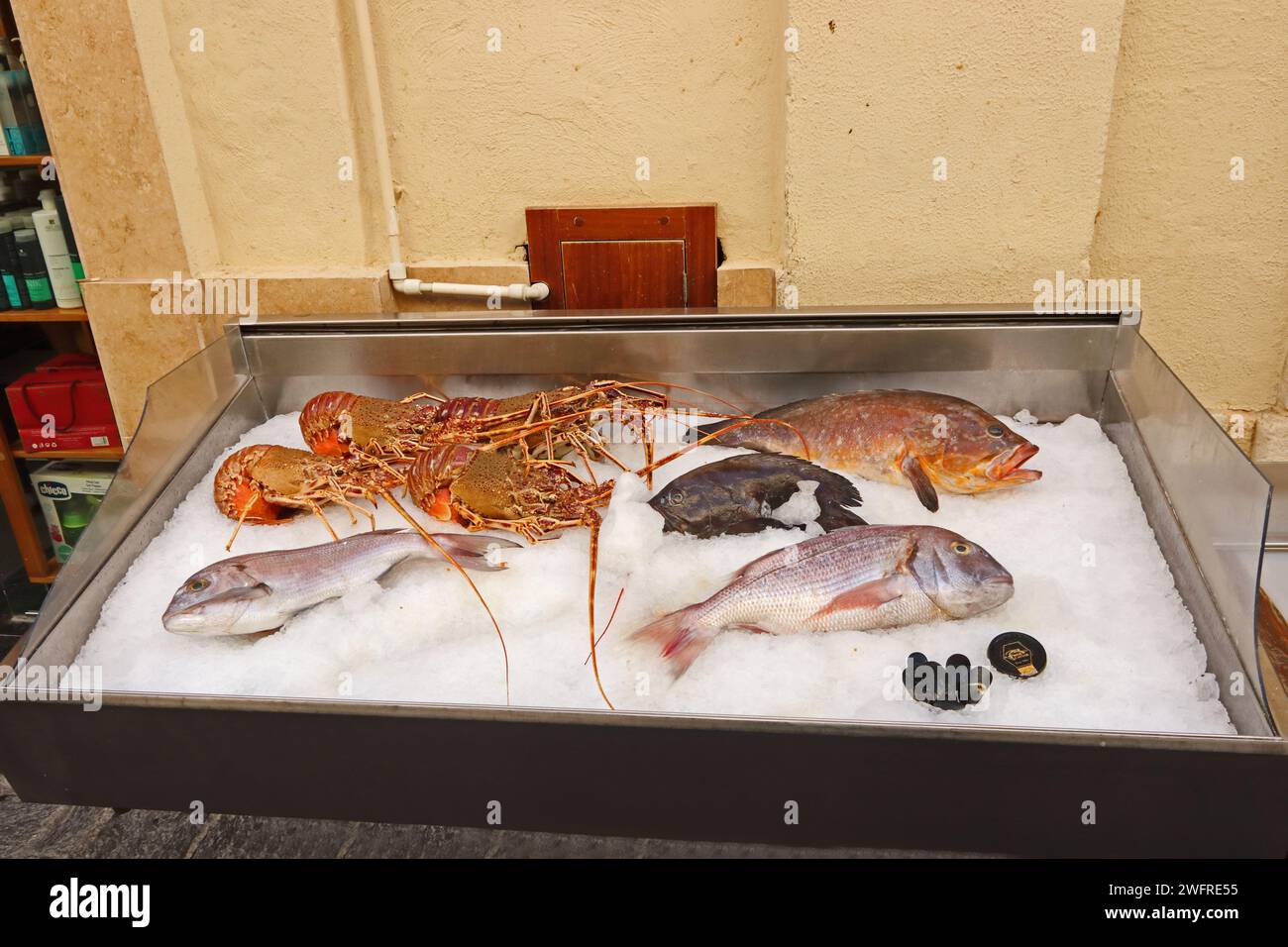 Display tray of fresh fish available in fish restaurant, Villetta Stock Photo