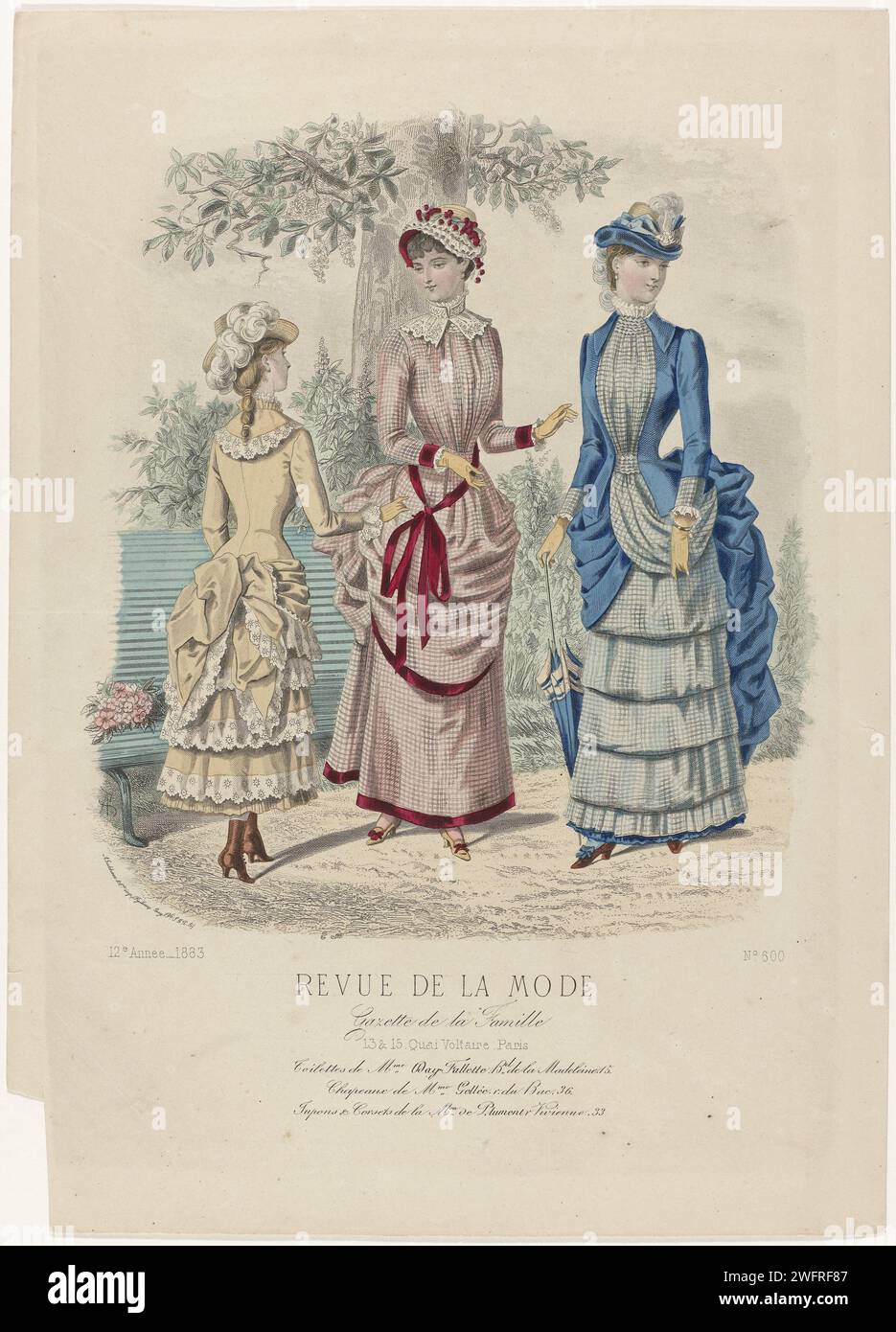 Fashion review, family gazette, Sunday July 1, 1883,12nd year, no. 600:  toilets of Mme Day-Falett (...), Anonymous, 1883 Two women and a girl at a  garden bench, dressed in dresses from Day-Falette.