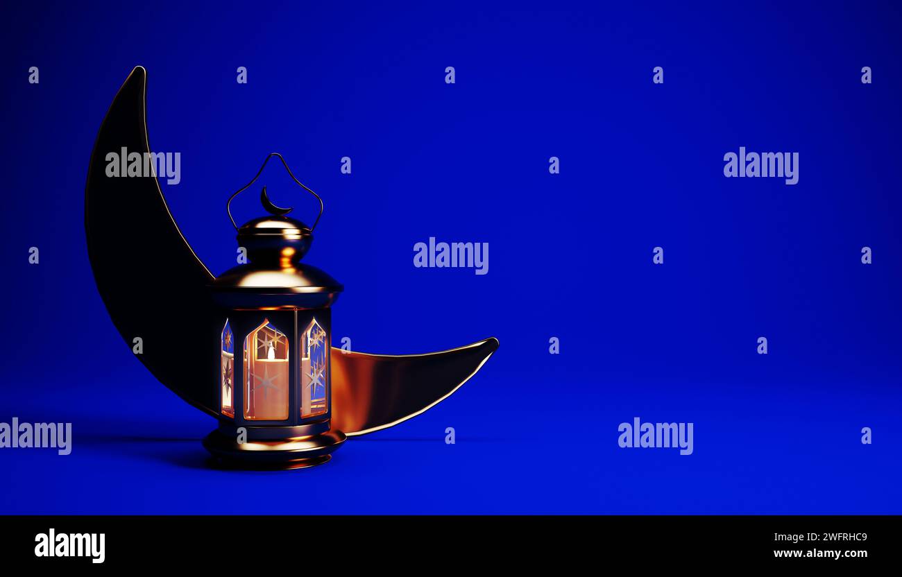 Ramadan background with golden lantern, crescent moon and copy space ...