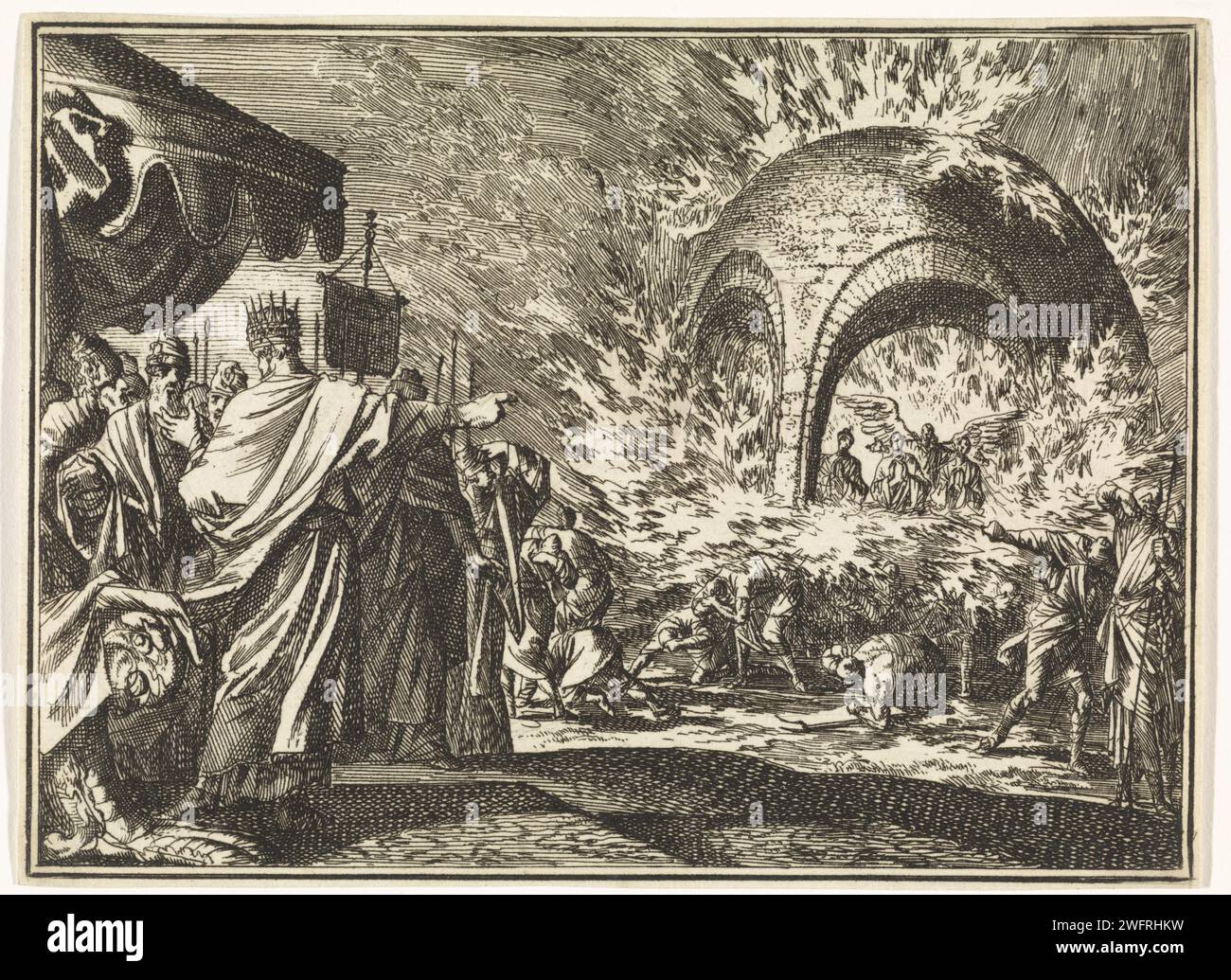 Nebuchadnezzar sees four people in the fiery oven, Jan Luyken, 1712 print  Amsterdam paper etching to his astonishment King Nebuchadnezzar sees four men (one of them usually represented as an angel) in the furnace; the king commands them to come forth Stock Photo