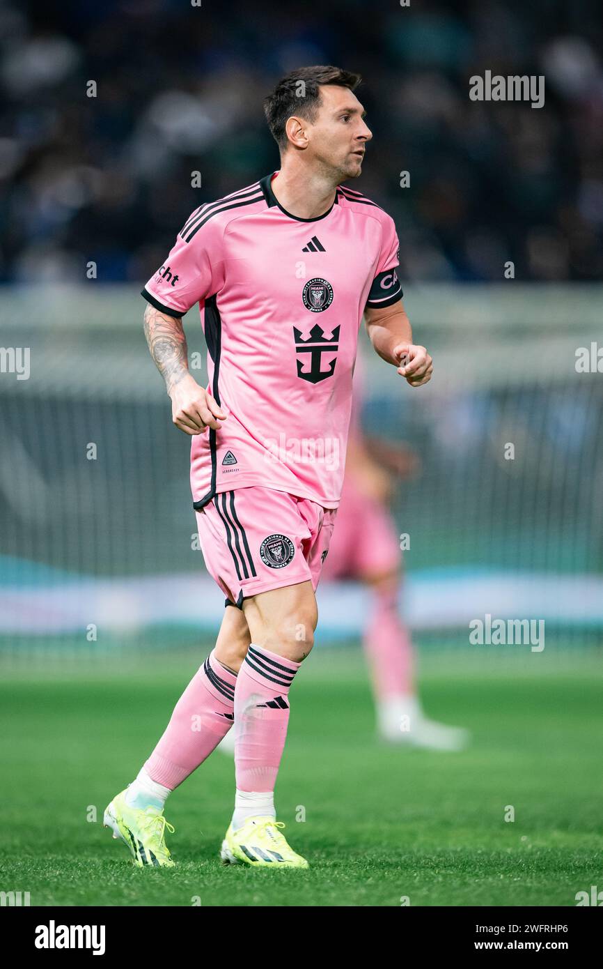 Lionel Messi #10 of Inter Miami FC in action during the Riyadh Season Cup match between Al-Hilal SFC and Inter Miami FC at Kingdom Arena on January 29, 2024 in Riyadh, Saudi Arabia. Photo by Saad Ratimi / Power Sport Images Stock Photo