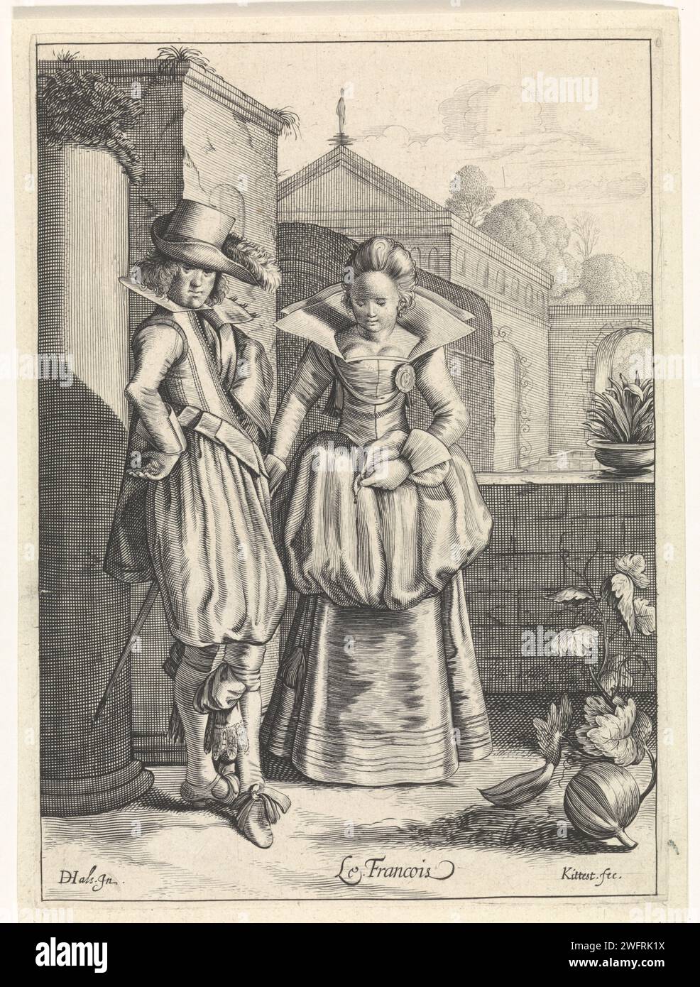 Elegant pair in French clothing, Cornelis van Kittensteyn, After Dirck Hals, 1610 - 1638 print On a landing in front of a castle is an elegantly dressed pair in French fashion of approx. 1620. In front of them is a pumpkin plant with a pumpkin. The print is part of a series with six prints about costumes in Europe. Netherlands paper engraving clothes, costume (+ men's clothes). clothes, costume (+ women's clothes). Europeans (with NAME) (+ costume). handkerchief. plants and herbs Stock Photo