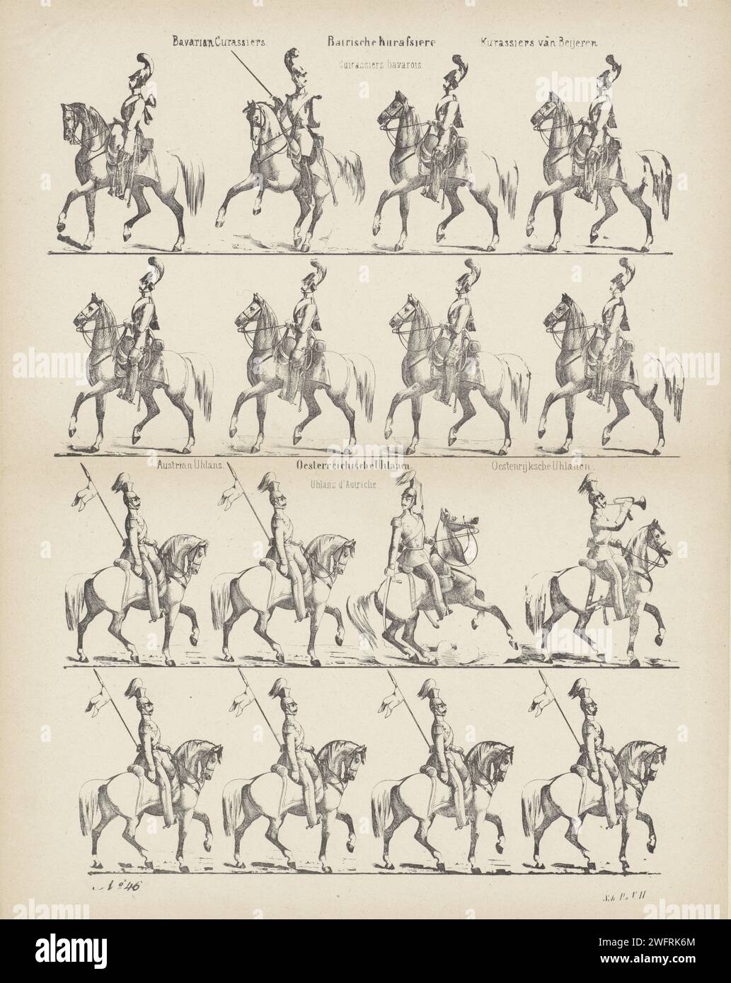 Bavarian Curassiers / Batrian Kurassiere / Kurassiers van Beijeren / Curassiers Bavarois / Austrian Uhlans / Oesterreichische Uhlanen / Oestenrijk Uhlanen / Uhlans d'Autriche, P. & V.H. Sch., 1800 - 1899 print Leaf with 4 horizontal rows with representations of soldiers on horseback. Above: Eight Kurassiers from Bavaria. Below: Eight Austrian Ulans. Numbered bottom left: No. 46. Europe paper  warfare; military affairs (+ cavalry, horsemen) Stock Photo