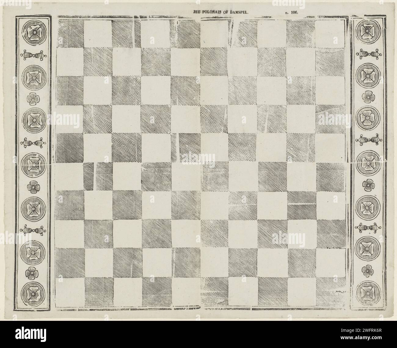 Polish game of Damspel, 1833 - 1900 print. gameboard. checkerboard Square game board with 100 square compartments of which 50 white and 50 black boxes (checker board). Left and right an ornamental decorative edge. Numbered at the top right: n. 106. Turnwood paper letterpress printing flowers  ornament. board-games Stock Photo
