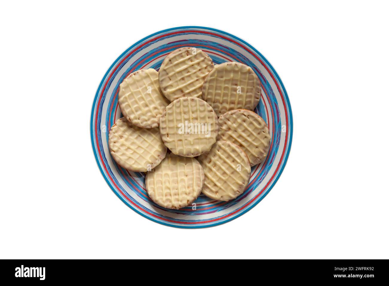 McVitie's Digestives White Chocolate biscuits on plate isolated on