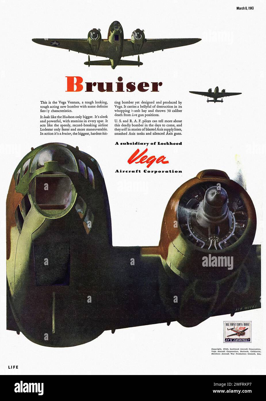 “This is the Vega Ventura, a rough looking bomber designed and produced by Lockheed Aircraft Corporation. A subsidiary of Lockheed Aircraft Corporation.”  Vintage advertisement for the Vega Ventura bomber designed and produced by Lockheed Aircraft Corporation during World War II. The advertisement features a large image of the bomber in the center, with smaller images of the bomber in flight and a close-up of the engine on the right side. The advertisement is in a retro style, with bold text and a green and black color scheme. - American (U.S.) advertising, World War II era Stock Photo