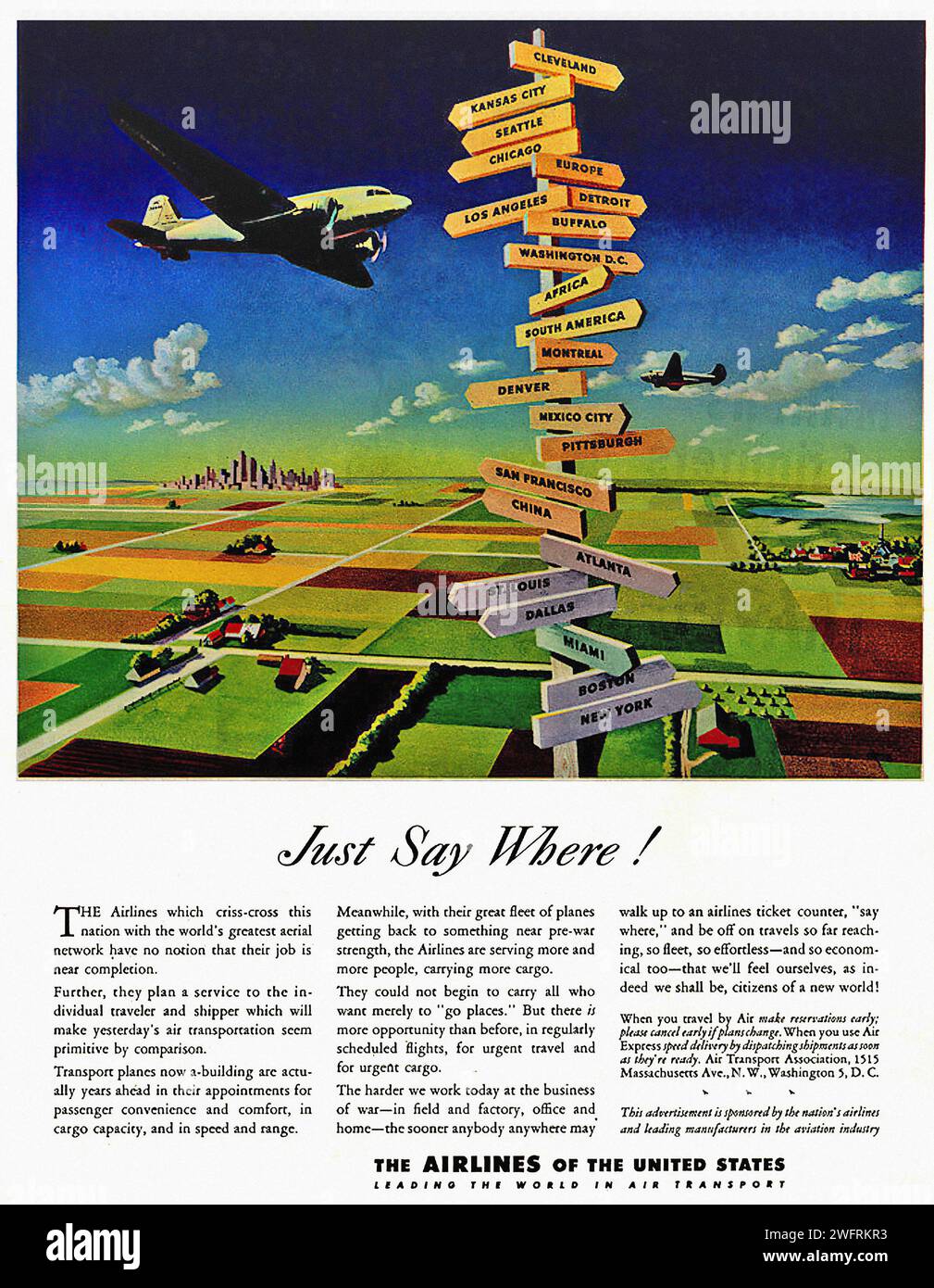 Just Say Where and Wake Up There - Just Say Where And Wake Up There! The Air Highways Of The United States Vintage Advertisement From The United States During World War Ii Featuring A Map Of The United States With Various Cities And Their Respective Airports The Map Is In A Cartoon Style With A Blue Sky And Green Grass The Cities Are Represented By White Signs With Black Text The Airports Are Represented By Yellow Planes The Text Is In A Bold Black Font American Us Advertising World War Ii Era 2WFRKR3 