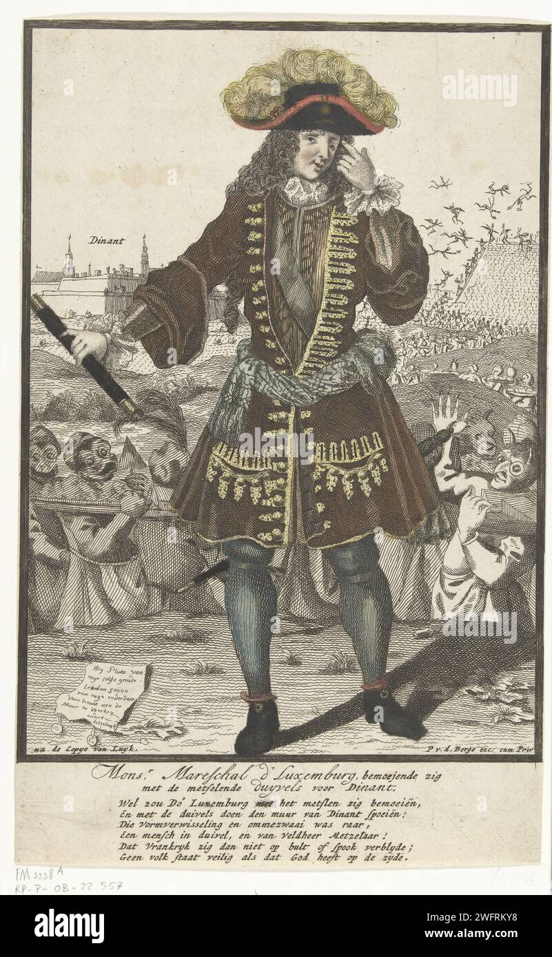 Portrait of the Marshal de Luxembourg, ca. 1696, Pieter van den Berge (Possible), 1695 - 1700 print Portrait of the Marshal de Luxembourg with a Komandostaf in his hand. In the background the city of Dinant, where new fortifications were built in defense against the Dutch. These are not bricked by people but by devilish (in 1696?). Under the print, a spotse of six lines in Dutch on the construction of the fortresses. Amsterdam paper etching activities of devil(s) Dinner Stock Photo