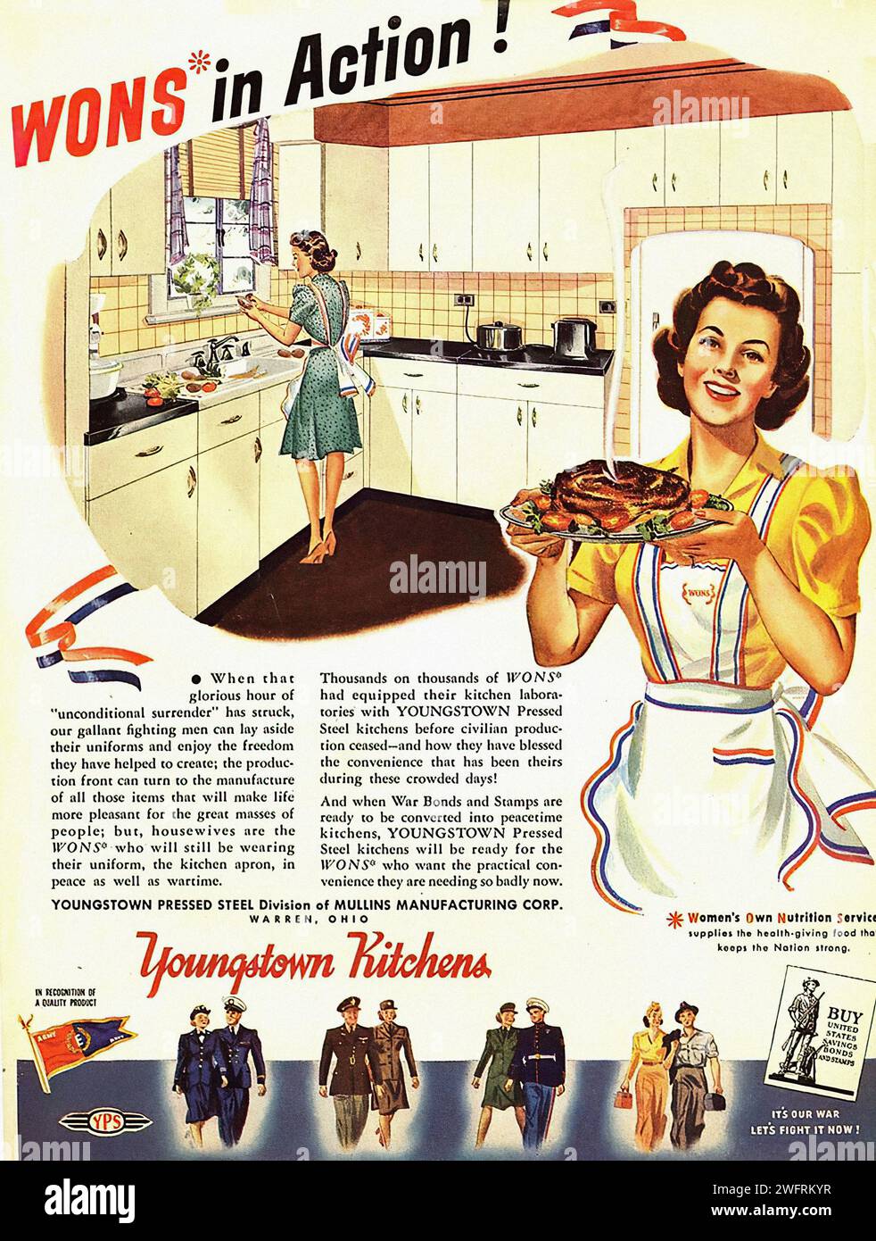 “WONS IN ACTION! YOUNGSTOWN KITCHENS.”  A vintage advertisement from the World War II era, featuring a vibrant depiction of a woman , carrying a tray of food in a well-equipped kitchen. The kitchen showcases a sink, cabinets, and a stove, indicative of the Youngstown Kitchens brand. The image is rendered in a retro, cartoon-like style, typical of American advertising during this period. The capitalized text “WONS IN ACTION! YOUNGSTOWN KITCHENS.” adds to the overall appeal of the advertisement.- American (U.S.) advertising, World War II era Stock Photo