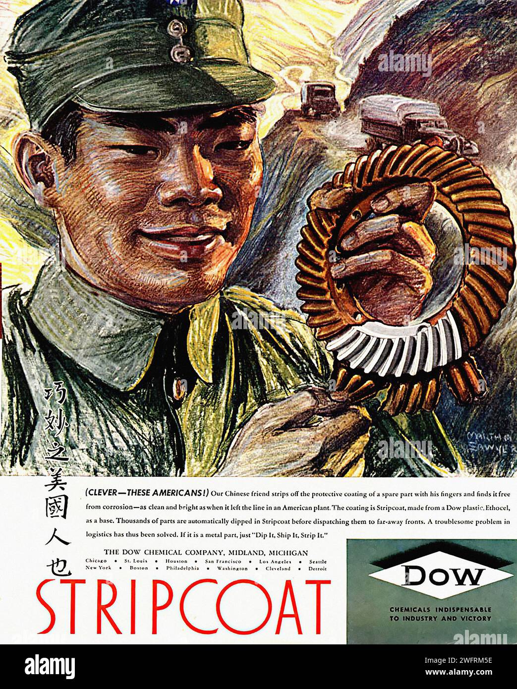 “CLEVER - THESE AMERICANS!”  This is an advertisement for Dow Chemical Company’s Stripcoat product, originating from the United States during the World War II era. The advertisement features a painting of a  The text on the advertisement promotes Stripcoat as a smooth, tough film that covers like a dream, offering paint protection, life-saving, beautifying, and feather-saving qualities. The bottom of the advertisement features the Dow Chemical Company logo. - American (U.S.) advertising, World War II era Stock Photo