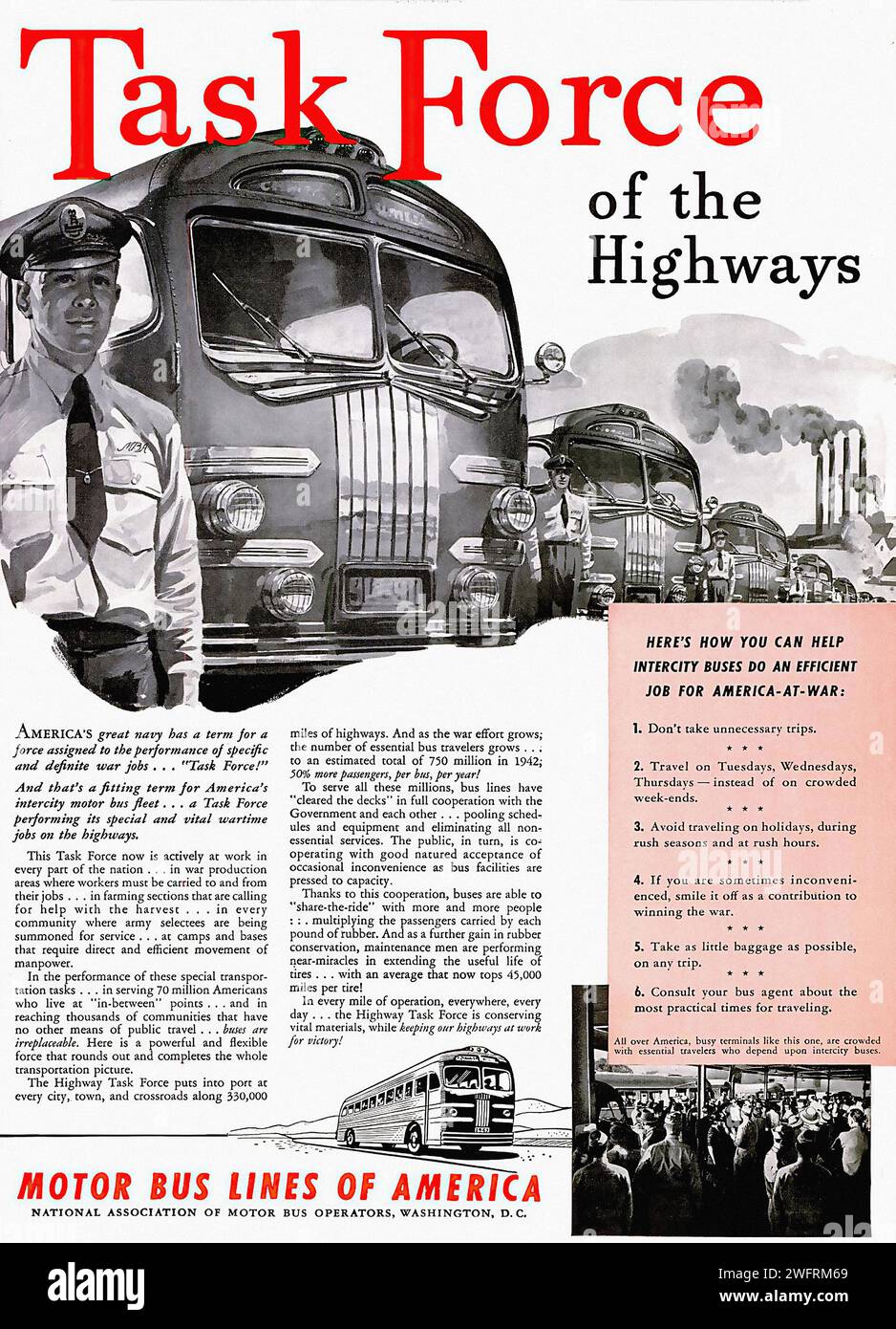 “TASK FORCE OF THE HIGHWAYS”  “An American World War II advertisement for the Motor Bus Lines of America, titled ‘Task Force of the Highways’. The black and white image features a vintage illustration of a bus and a truck on a highway, symbolizing the new era of travel. The graphic style of the advertisement is typical of the mid-20th century, with its bold typography and detailed illustrations. The advertisement is from the National Association of Motor Bus Operators in Washington, D.C.” - American (U.S.) advertising, World War II era Stock Photo