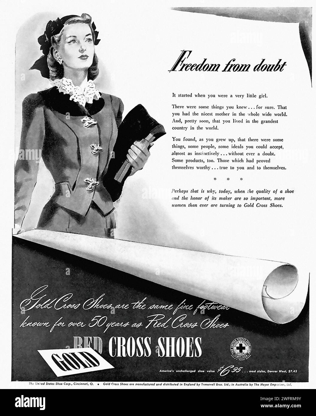 “GOLD CROSS SHOES”  This is a black and white vintage advertisement for Gold Cross Shoes, originating from the United States during the World War II era. The advertisement features a woman in a suit and hat, alongside an image of a shoe. The text emphasizes the perfect fit, comfort, and style of Gold Cross Shoes, appealing to the consumer’s desire for modernity, grace, and assurance. The graphic style is typical of the period, with bold capitalized text and a simple, yet effective layout against a plain white background. - American (U.S.) advertising, World War II era Stock Photo