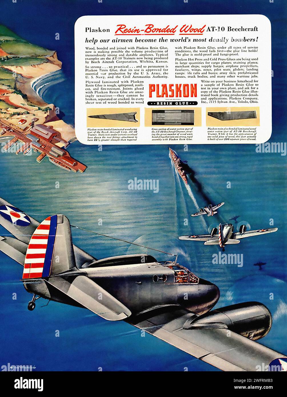 “PLASKON RADIO-BONDED WEST A-10 BEECHCRAFT HELP OUR AIRMEN BECOME THE WORLD’S MOST DEADLY BOMBERS!”  This is a vintage American advertisement from the World War II era for Plaskon, a company that specialized in radio-bonded aircraft. The advertisement features a large, striking illustration of a dark blue bomber aircraft with white and red stripes on the tail and wings, flying over a coastline. Two smaller aircraft are seen flying in formation behind the bomber. The backdrop is a vivid blue sky with clouds and a detailed coastline with buildings and ships. The graphic style of the advertisemen Stock Photo