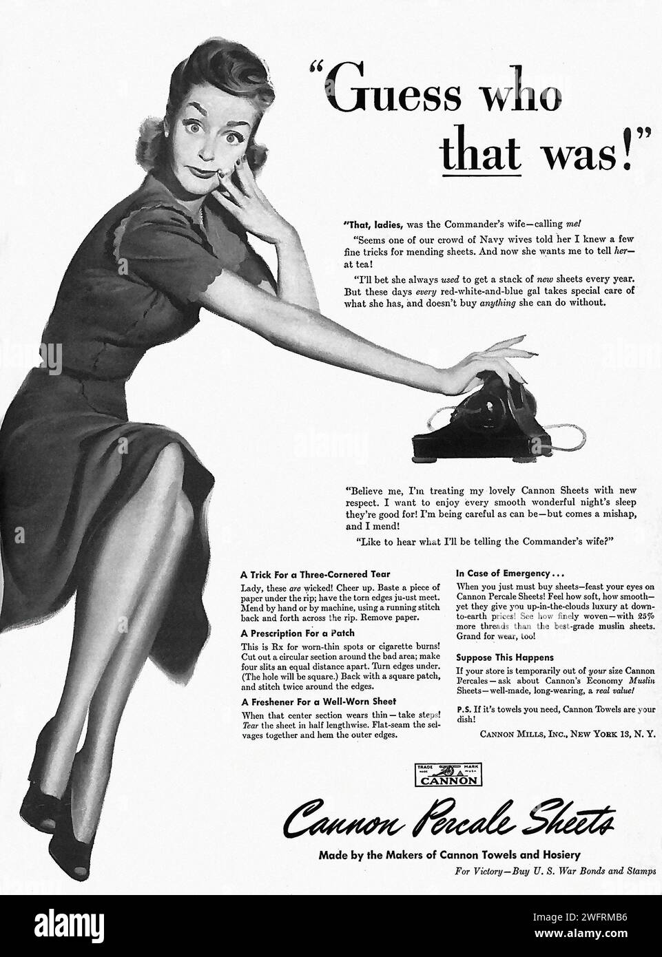 “GUESS WHO THAT WAS!” “BELIEVE IT, TRUSTING MY LOVELY CANNON SHEER HOSIERY WAS A TRICK FOR THREE - CANNON TOWELS, CANNON HOSIERY, AND ME!”  This is a black and white advertisement for Cannon Towels and Hosiery, dating back to the World War II era. The advertisement features a woman wearing a black dress and white heels, standing on one leg with the other bent at the knee. The text on the advertisement discusses the features and benefits of the products, such as “A Trick for Three - Cannon Towels, Cannon Hosiery, and me!” and “A Pinchproof Heel for a Perfect Fit”. The graphic style of the image Stock Photo