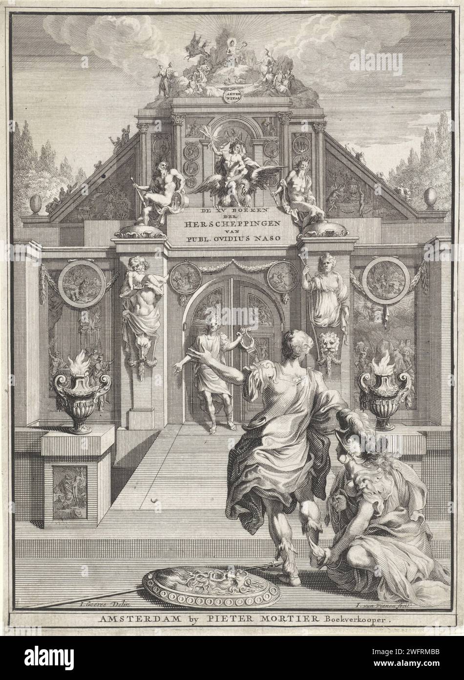 Minerva and Apollo accompany Ovidius to a temple, Jan van Vianen, after Jan Goeree, 1697 print Minerva removes Ovidius from his winged shoes. Her shield lies on the floor. At a temple is Apollo that keeps the door of the temple open. On both sides are Hermen of the Kronos and Rheia gods. On top of the Temple Apollo, Pegasus and the Muses on Mount Helicon. Amsterdam paper etching / engraving (story of) Ovid. Aegis: shield with Gorgon's head (attribute of Minerva). (story of) Minerva (Pallas, Athena). (story of) Apollo (Phoebus). Helicon, sacred to the Muses Stock Photo