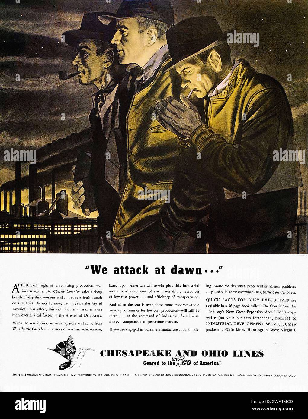 “We attack at dawn! Cheap and reliable… Ohio Lines. Geared to the '60s America!”  This image is a vintage advertisement poster for a company called “Ohio Lines”, dating back to the period of World War II in the United States. The poster, rendered in black and white with a yellow tint, features two men in suits and hats, one of them smoking a cigarette, standing in front of a factory at night. The text on the poster reads “We attack at dawn! Cheap and reliable… Ohio Lines. Geared to the '60s America!”. The background showcases a factory with smokestacks and a train, adding to the industrial the Stock Photo