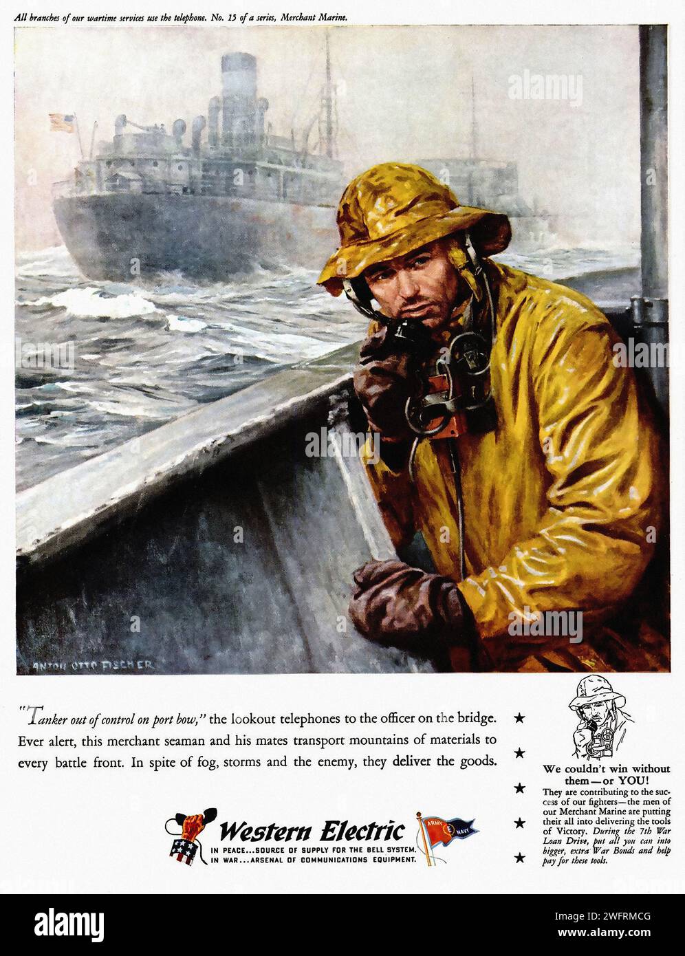 “TIMBER OR COTTON OR IRON BARS”, “THE LOOKOUT TELEPHONES TO THE OFFICER ON THE BRIDGE”, “WESTERN ELECTRIC - THE RIGHT WAY TO TELEPHONE”  This is a vintage American advertisement from the World War II era for Western Electric. The image is a vivid painting of a man in a yellow raincoat and hat, standing on the deck of a ship. The man is holding a telephone receiver to his ear, embodying the critical role of communication in maritime operations. In the background, a large ship looms in the fog, adding an element of mystery and adventure to the scene. The text on the image emphasizes the importan Stock Photo