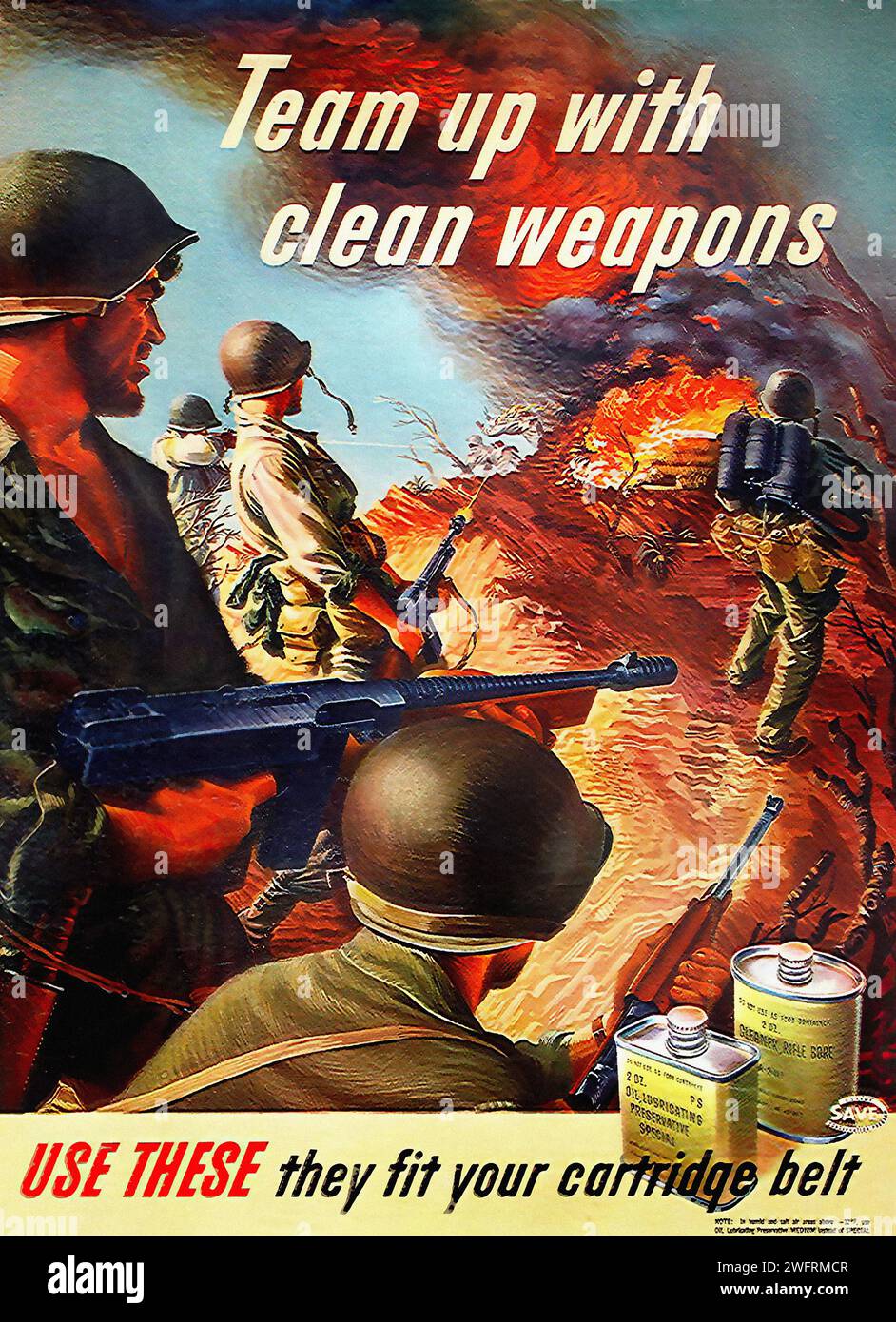 “TEAM UP WITH CLEAN WEAPONS” “USE THESE THEY FIT YOUR CARTRIDGE BELT!”  This is a vintage advertisement poster for cleaning weapons, originating from the United States during the World War II era. The poster features a red and orange background with a group of soldiers in the foreground. The soldiers are engaged in a battle scene, holding guns. The text on the poster promotes the use of certain cleaning products, which are depicted on the poster, for maintaining weapons. The graphic style of the poster is typical of mid-20th century American print media, with its bold colors and dramatic image Stock Photo