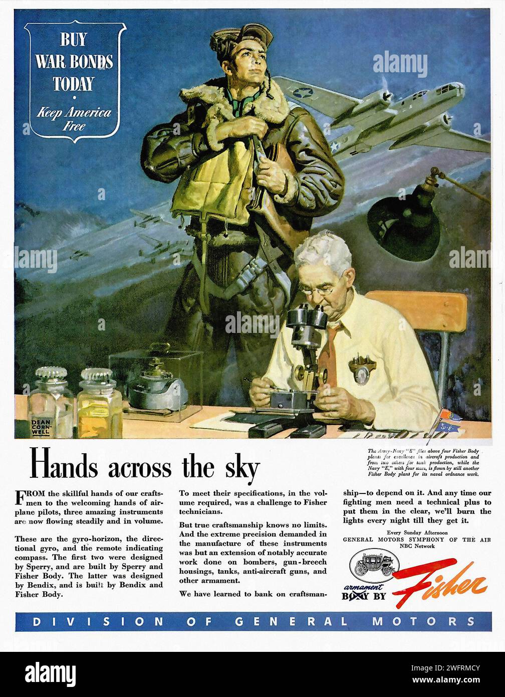 “BUY WAR BONDS TODAY. KEEP AMERICA FREE. HANDS ACROSS THE SKY.”  This is a vintage advertisement poster for General Motors, originating from the United States during the World War II era. The poster features a blue sky with clouds as the background, and the main subject is a soldier in a green uniform with a yellow backpack and a rifle. The text on the poster promotes the purchase of war bonds and emphasizes the importance of working together in the war effort. It also highlights that thousands of war planes are being built every day by the skilled hands of General Motors’ employees. The Gener Stock Photo