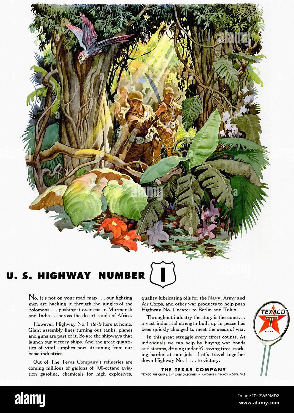 “U.S. HIGHWAY NUMBER 1” “TEXACO GASOLINE FOR HIGH EXPLOSIVE POWER”  This is a vintage advertisement for Texaco gasoline, originating from the United States during the World War II era. The image is a colorful illustration of a jungle scene, featuring a group of people in army hats and carrying backpacks, alongside a variety of animals including  a parrot. The text emphasizes the high explosive power of Texaco gasoline, appealing to the adventurous spirit of the consumer. The graphic style is vibrant and detailed, typical of mid-20th century design, with the Texaco logo visible in the bottom ri Stock Photo