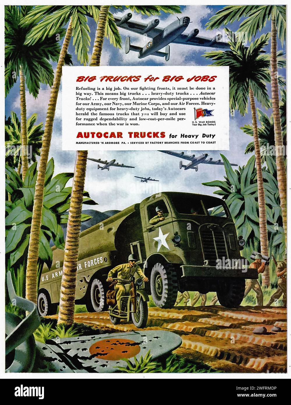“BIG TRUCKS FOR BIG JOBS”  A U.S. propaganda poster from World War II featuring a large green truck with a white star on the side driving through a jungle. The truck is carrying supplies and has a U.S. Army Air Forces logo on the side. The background is a tropical jungle with palm trees and a blue sky. The poster is designed in a realistic style with bold colors and text. - American (U.S.) advertising, World War II era Stock Photo