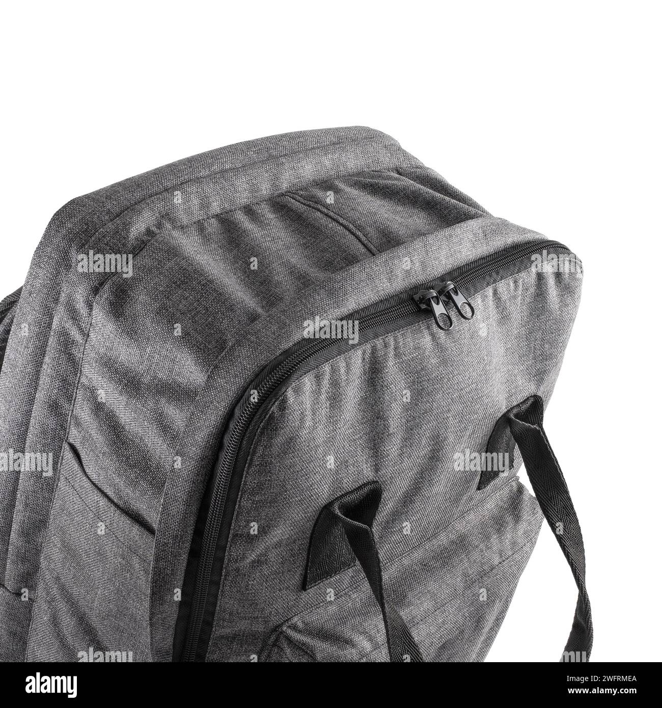 Top view of a grey backpack with a large zippered compartment isolated