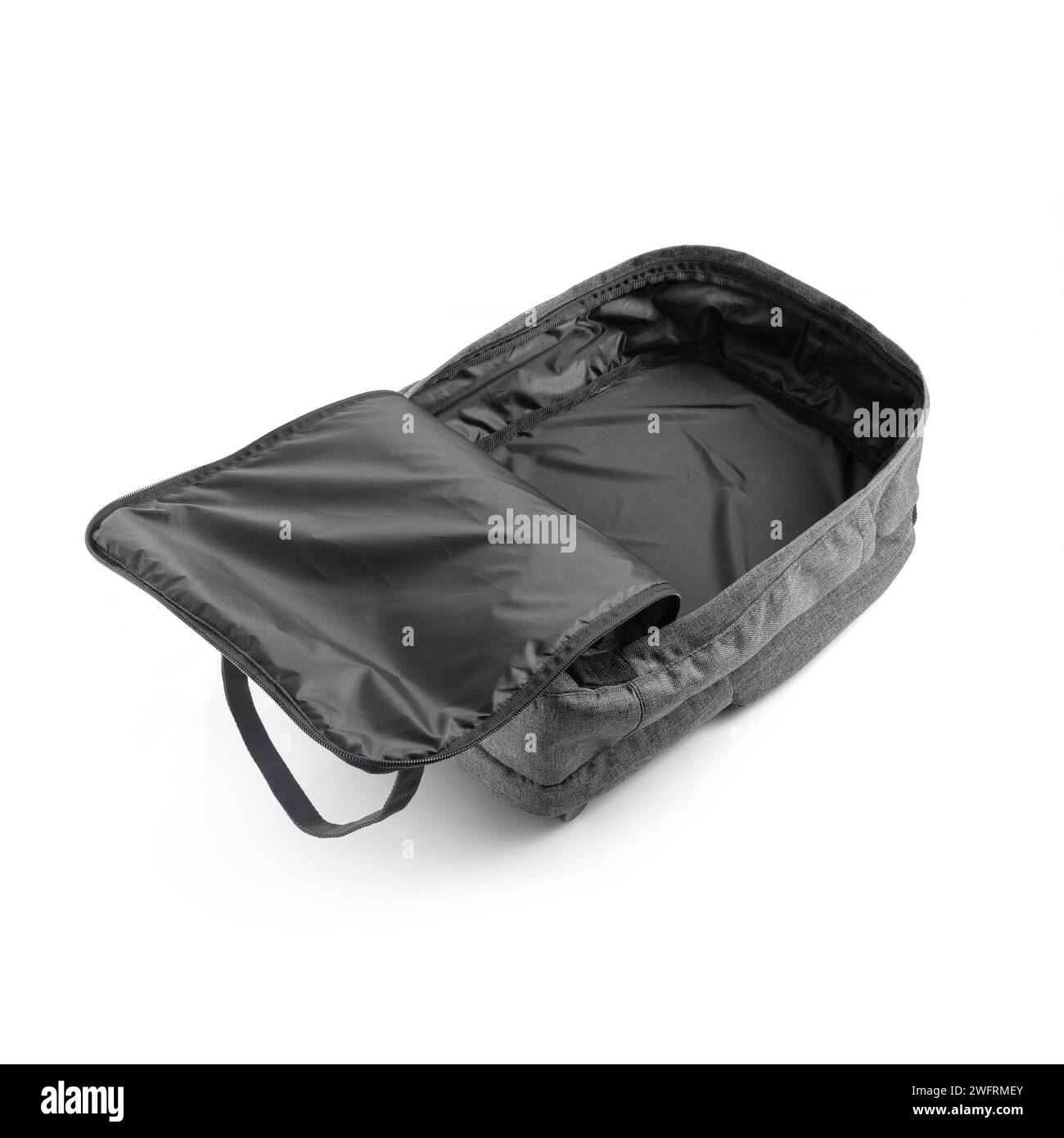 Gray fabric backpack with an open large main compartment on white background. Casual backpack