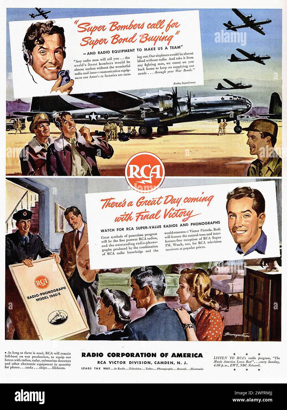 “Super Bombers call for Super Bombardiers” “There’s a Great Day coming with final Victory” “RADIO CORPORATION OF AMERICA” “RCA VICTOR DIVISION, CAMDEN, N.J.”  A vintage U.S propaganda poster from the second world war. The poster is in a realistic style with a color palette of blue, brown, and red. It is divided into two sections, the top section shows a bomber plane flying over a landscape against a blue sky background, and the bottom section shows a family gathered around a radio with a man holding a newspaper with the headline “RADIO PROGRESS”. - American (U.S.) advertising, World War II era Stock Photo