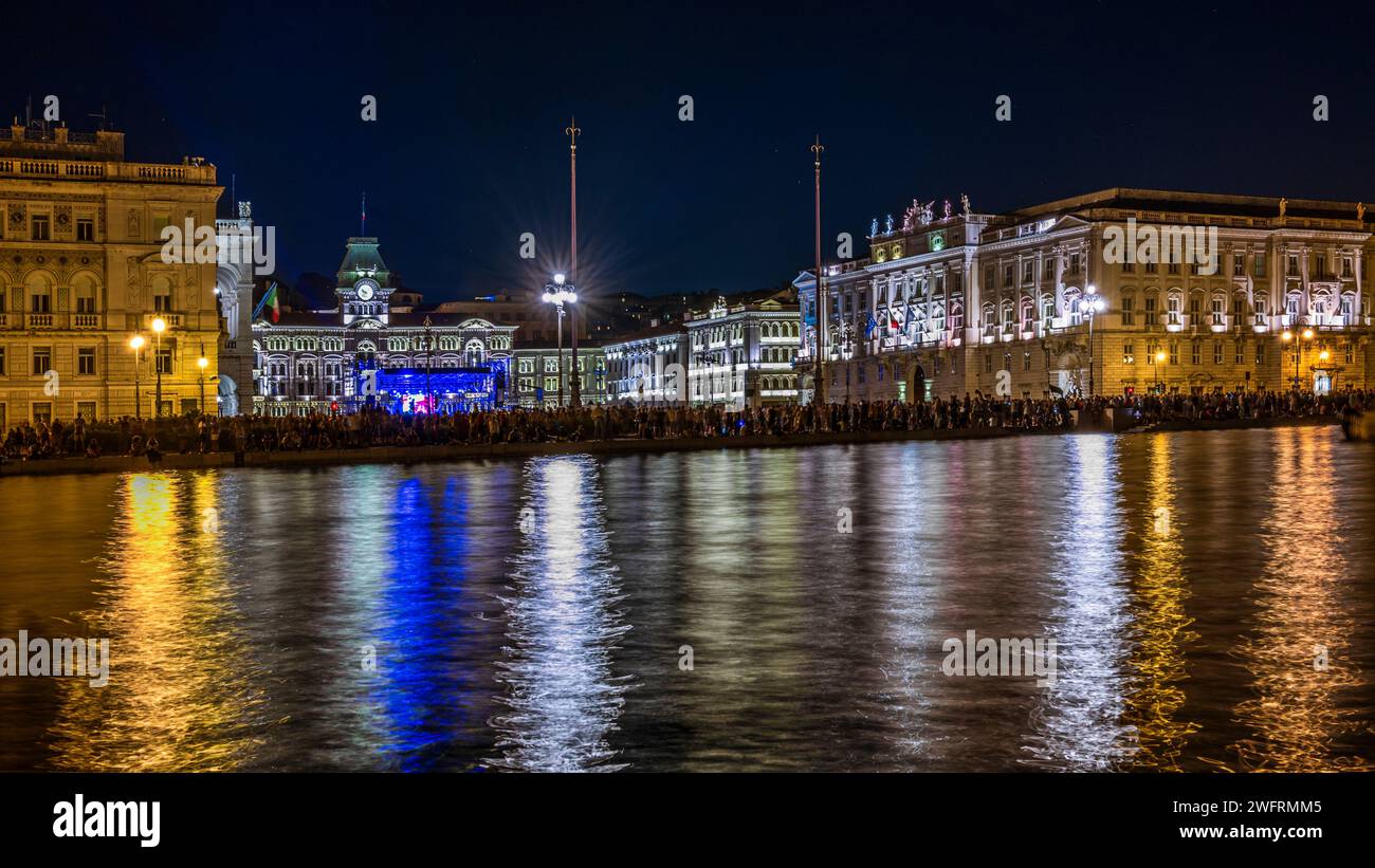 Trieste Night Dusk and night in Trieste. Between historic buildings and the sea Stock ...