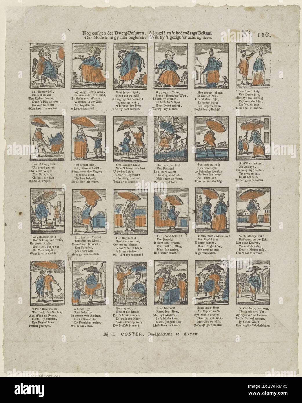 Some of the dwarf post hours, ô Youth! and the contemporary existence / Der Fashion you can see here: Want by 't Gezigt' eight, 1806 - 1830 print Cartoon on fashion with 24 performances of a men, women and caricature figures with parasols. A six -line verse under each image. Numbered at the top right: No. 110. Print Maker: Netherlands Publisher: Zaltbommelalkmaar paper letterpress printing fashion. fashion, clothing. parasol, sunshade. caricatures (human types). comedy Stock Photo