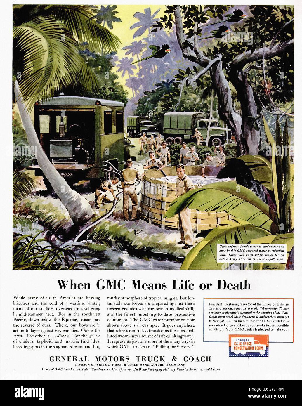 When GMC Means Life or Death While many of the war in America were being fought on the home front, the men of the 2nd Battalion, 4th Marines, were fighting in the jungles of the Pacific. They were fighting  A vintage advertisement for General Motors Truck & Coach featuring a colorful illustration of a truck in a tropical setting. The truck is green and has a sign on the side that reads “General Motors Truck & Coach”. The truck is surrounded by a group of people, some of whom are loading barrels onto the truck.- American (U.S.) advertising, World War II era Stock Photo