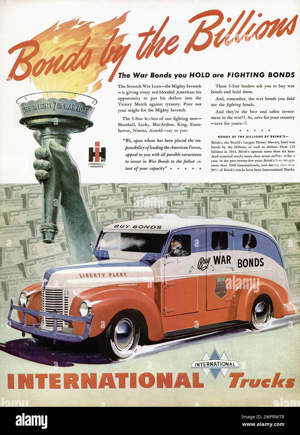 Bounds by the Billions The War Bonds you HOLD are FIGHTING BONDS The War Bonds you BUY are VICTORY BONDS INTERNATIONAL TRUCKS  A vintage advertisement for International Trucks featuring a red truck with “Buy War Bonds” written on the side. The truck is parked in front of a white building with a statue of a hand holding a torch. The background is a blue sky with clouds. - American (U.S.) advertising, World War II era Stock Photo
