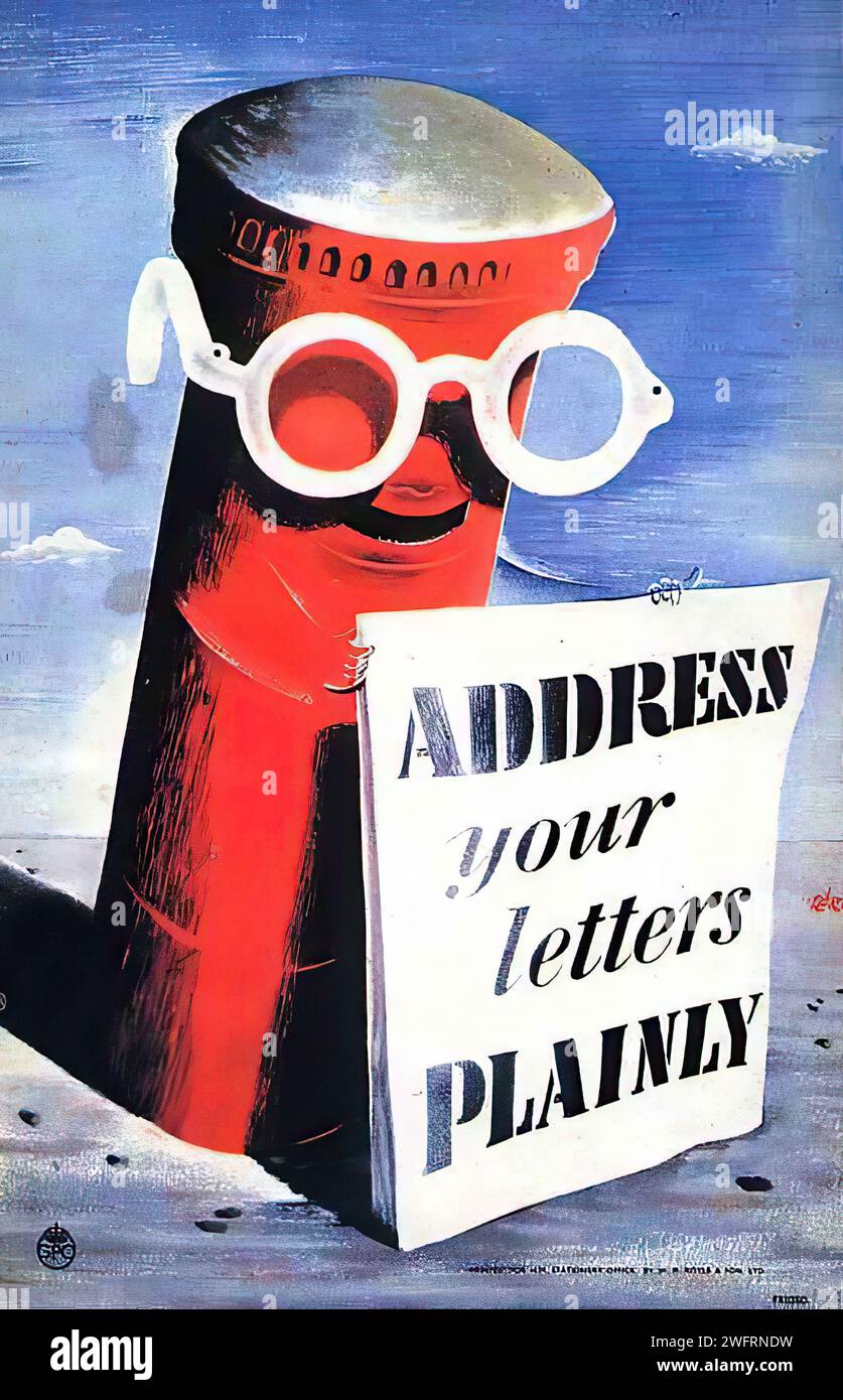 A graphic poster by Hans Schleger for the General Post Office (GPO). It shows a red pillar box with eyes and glasses, holding a sign that says 'ADDRESS your letters PLAINLY'. The style is playful and modernist, characteristic of Schleger's work, with a focus on bold colors and a whimsical character to convey the message. Stock Photo
